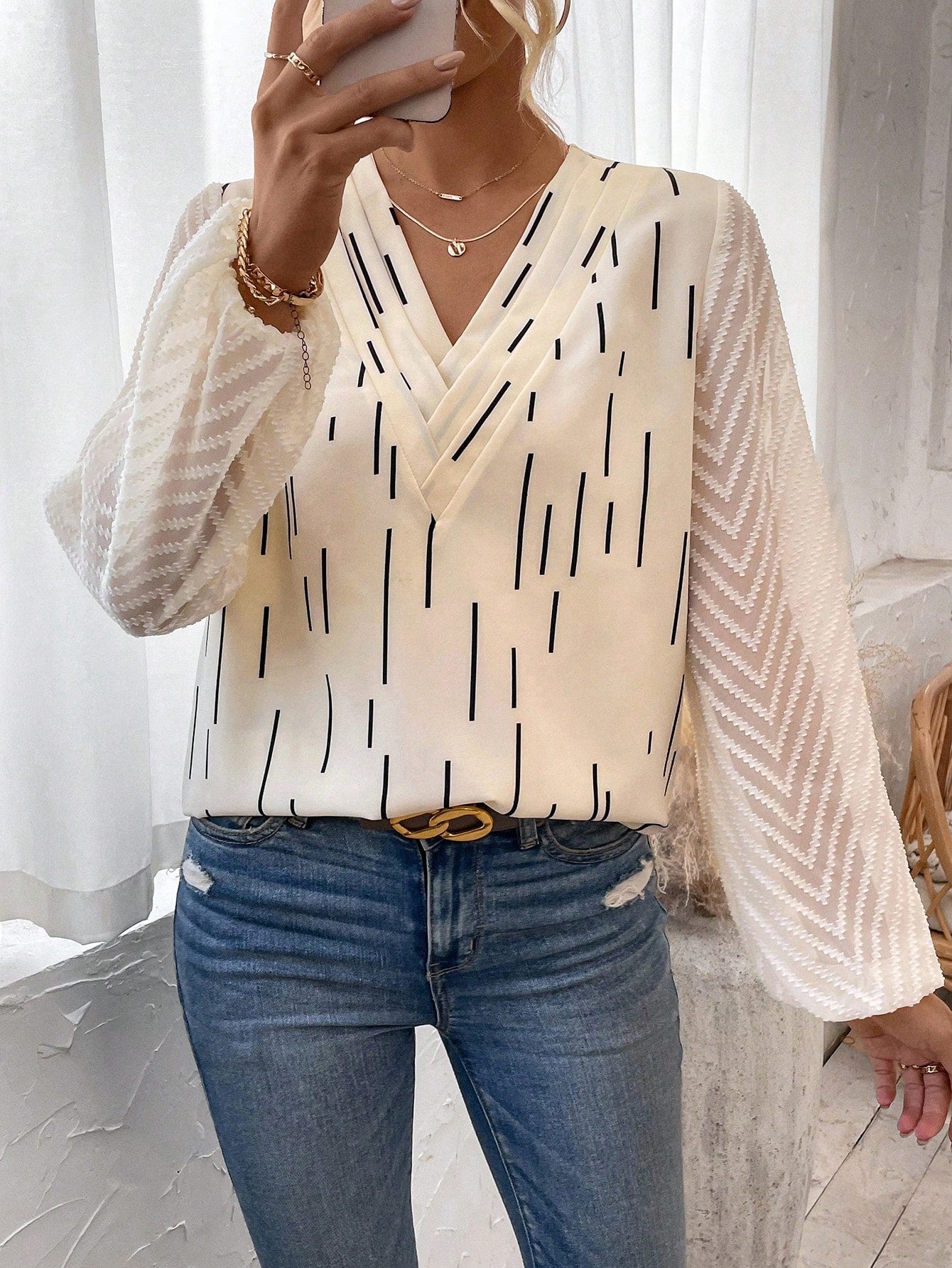 SHEIN LUNE Sheer Mesh Splicing V-Neck Long Sleeve Shirt