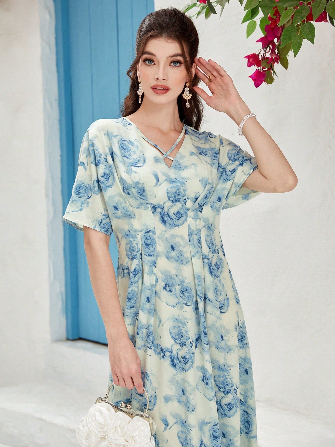 SHEIN Mulvari Floral Print Batwing Sleeve Belted Dress