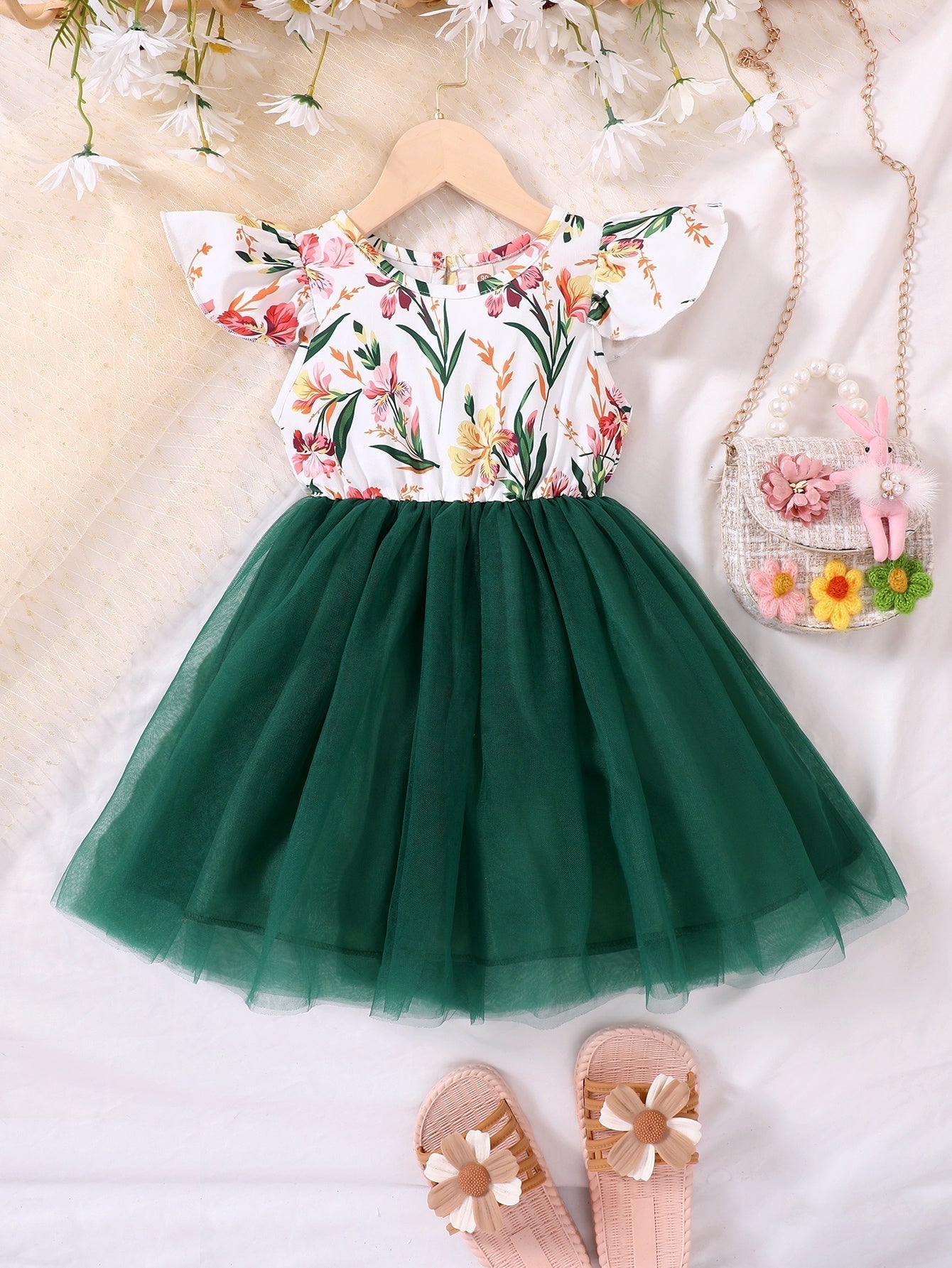SHEIN Kids Nujoom Young Girl Floral Print Contrast Mesh A-Line Dress