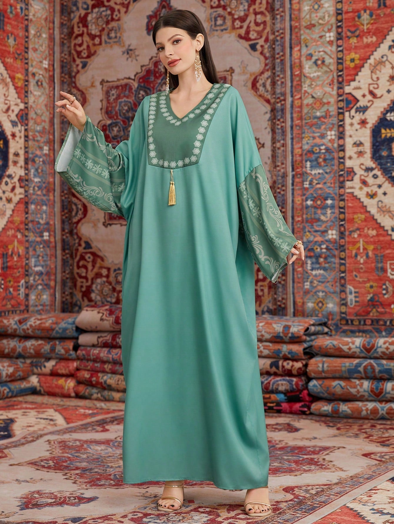 SHEIN Najma Floral Patchwork Batwing Sleeve Dress for Women