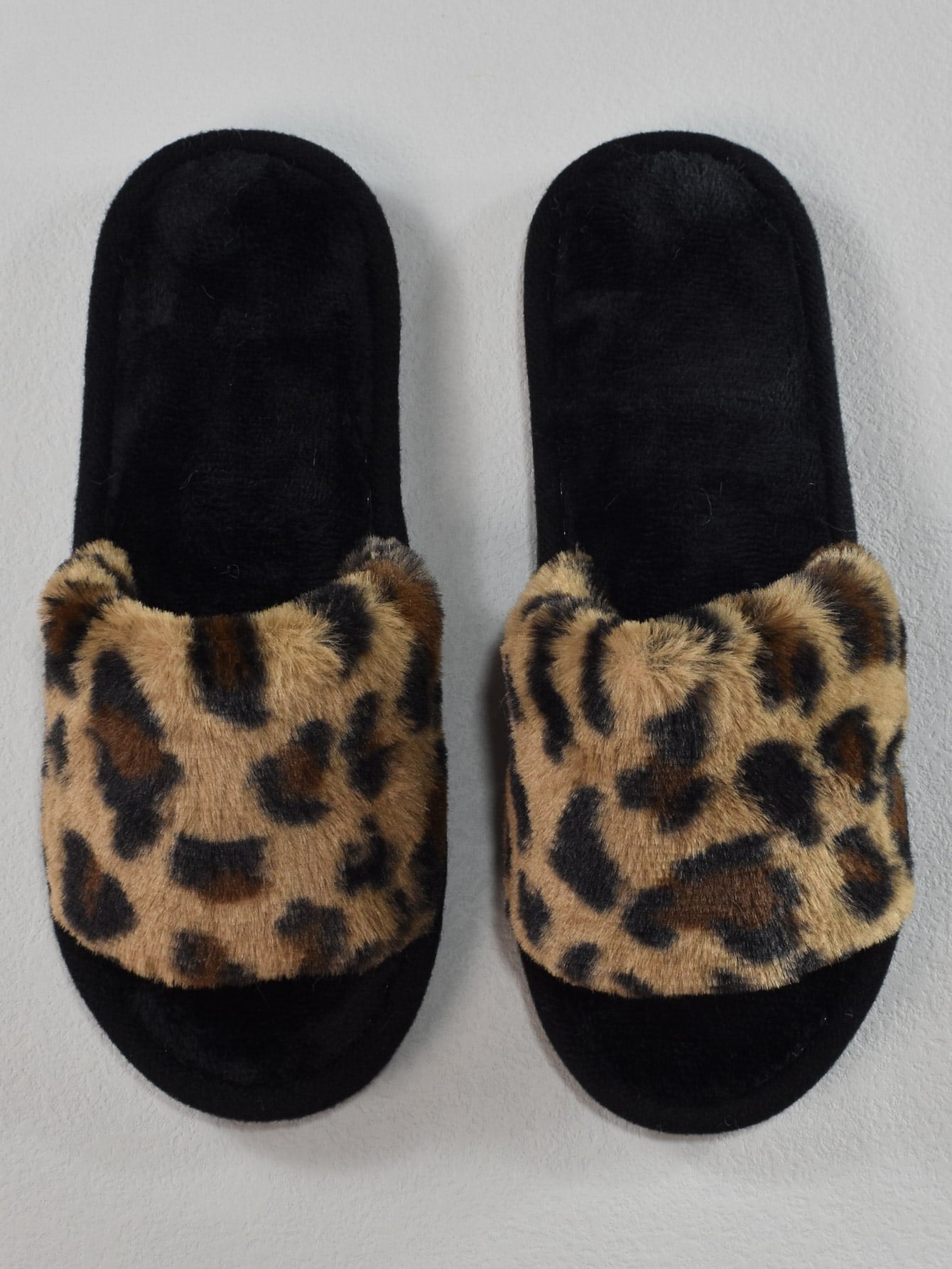 Women Leopard Pattern Fuzzy Bedroom Slippers, Fashionable Open Toe Home Slippers