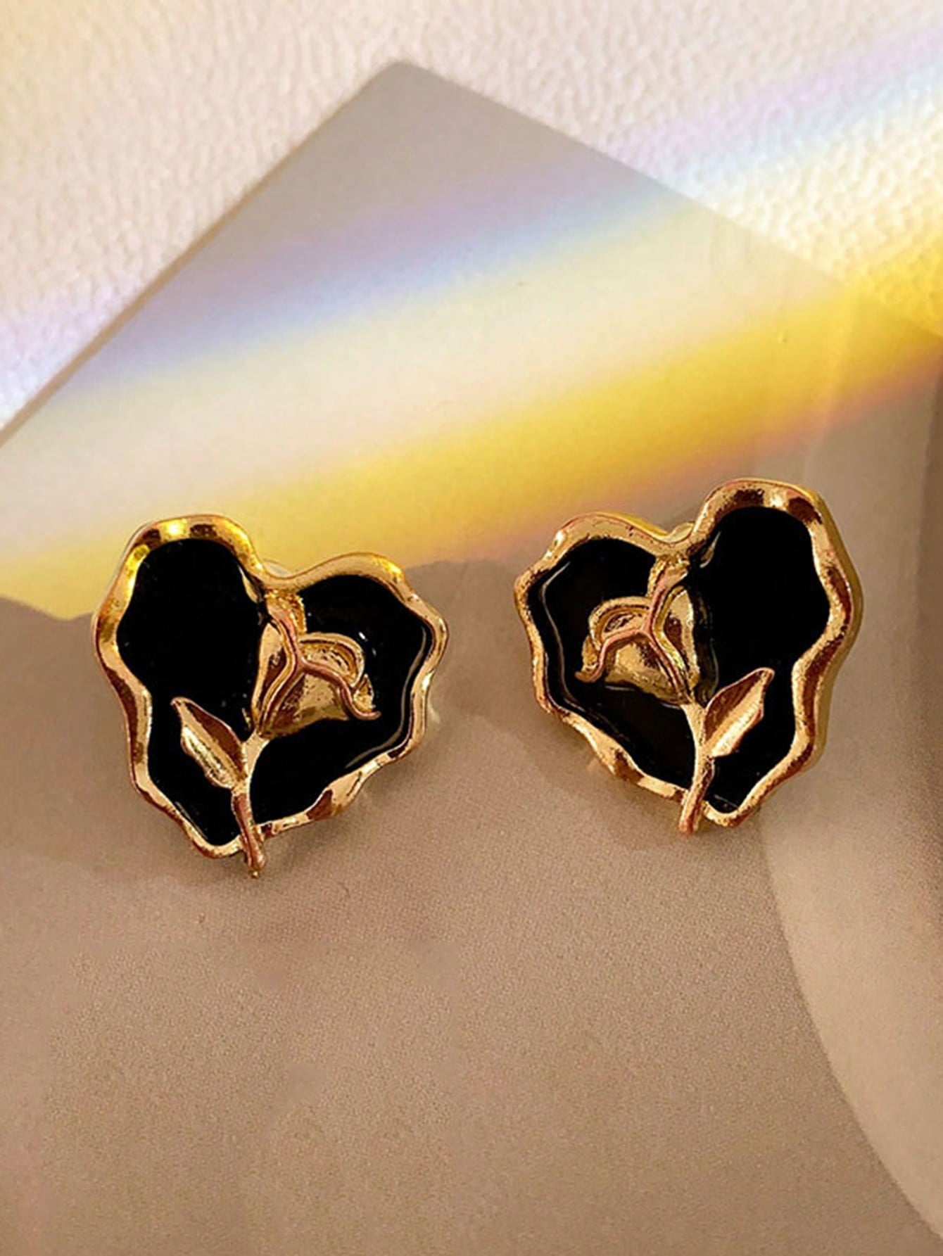 5Pairs/Set Pearl Flower Heart Butterfly Black Drip Oil Stud Earrings Suitable for Daily & Festival Wear