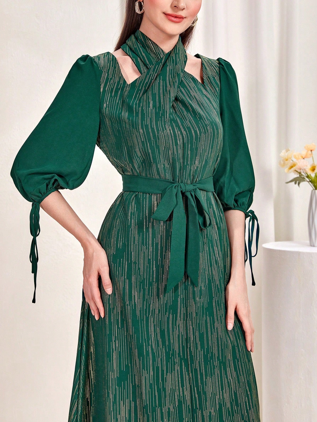 SHEIN Najma Cut Out Detail Knot Cuff Belted Dress