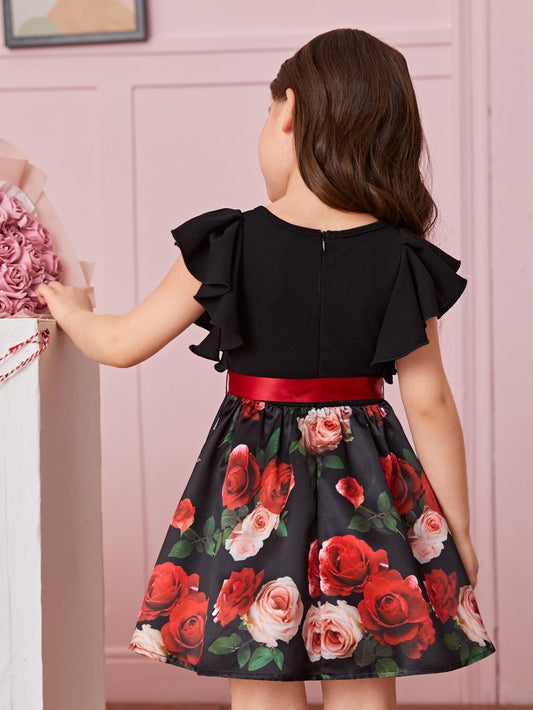 SHEIN Kids CHARMNG Toddler Girls 1Pc Floral Print Ruffle Trim Belted Dress
