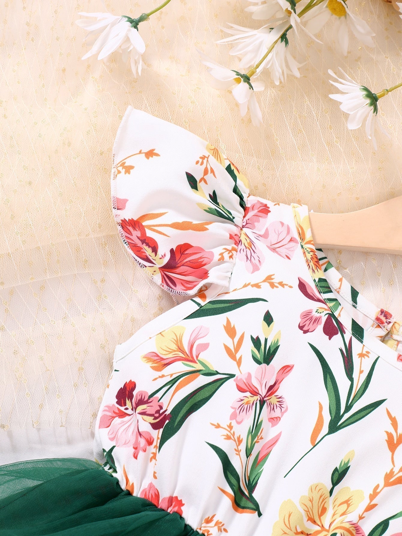 SHEIN Kids Nujoom Young Girl Floral Print Contrast Mesh A-Line Dress