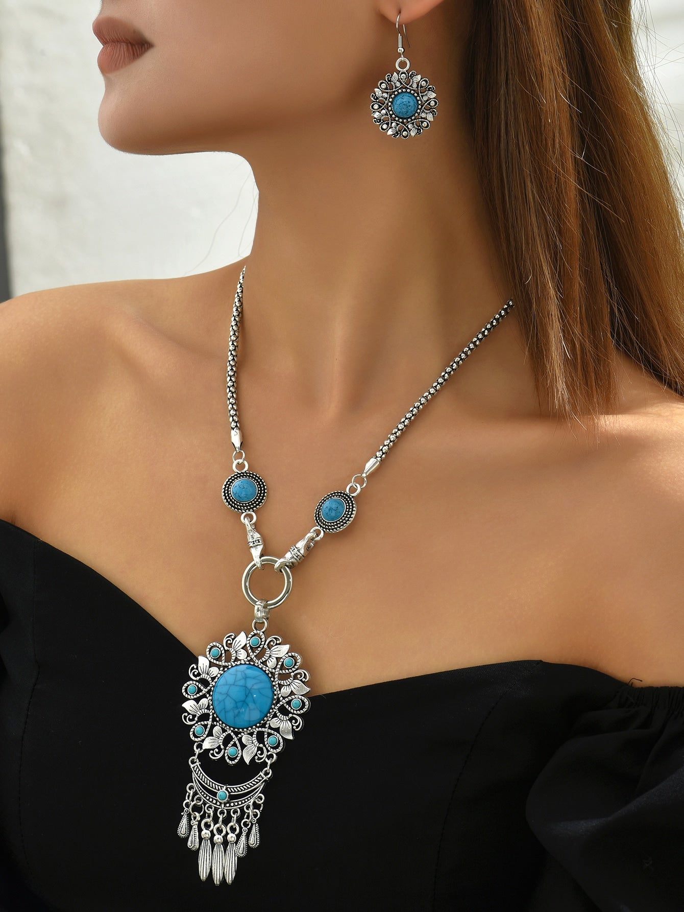 1Set Retro Bohemian Style Turquoise Inlay Flower Pendant Long Tassel Earrings Necklace Set