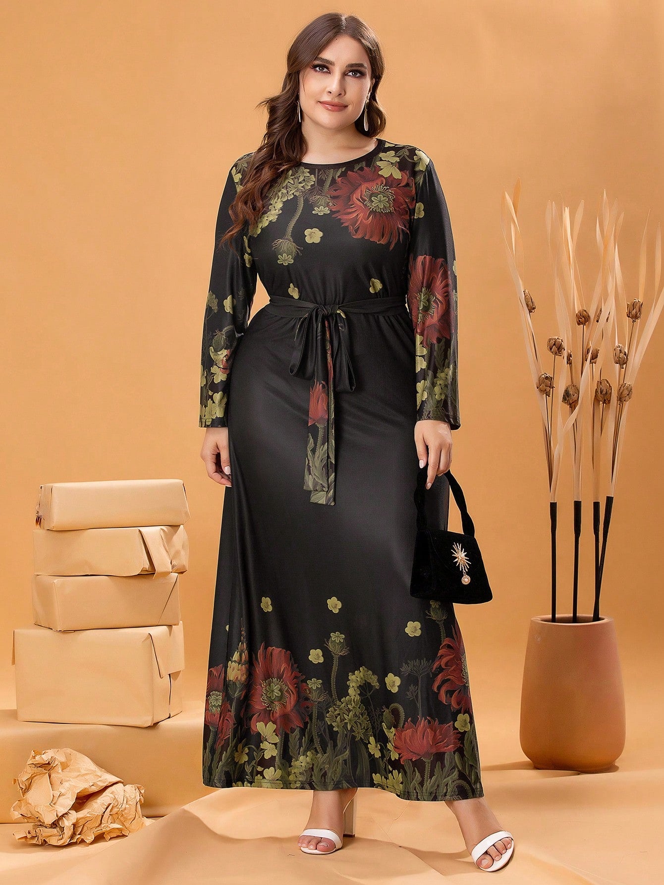 SHEIN Mulvari plus Floral Print Belted Dress