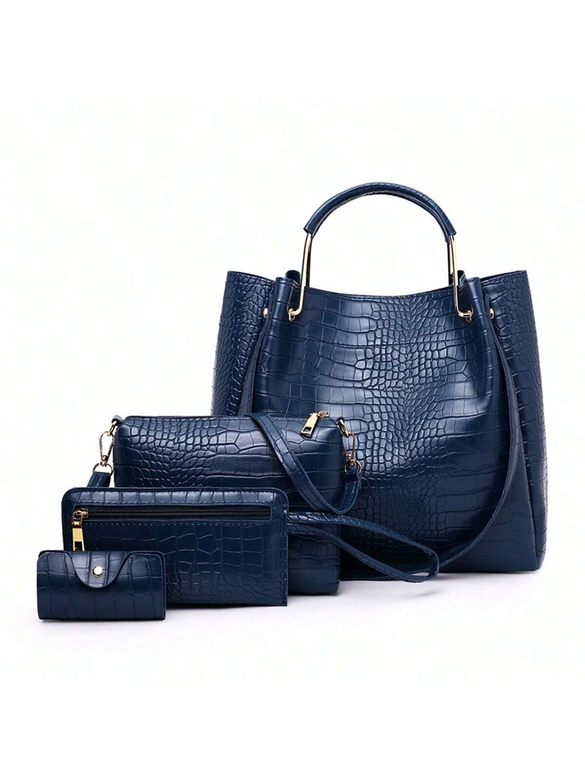 Pu Solid Alligator Pattern New Fashion European and American Style Large Capacity Shoulder Crossbody Handbag Tote Bag Parent-Child 4Pcs Set