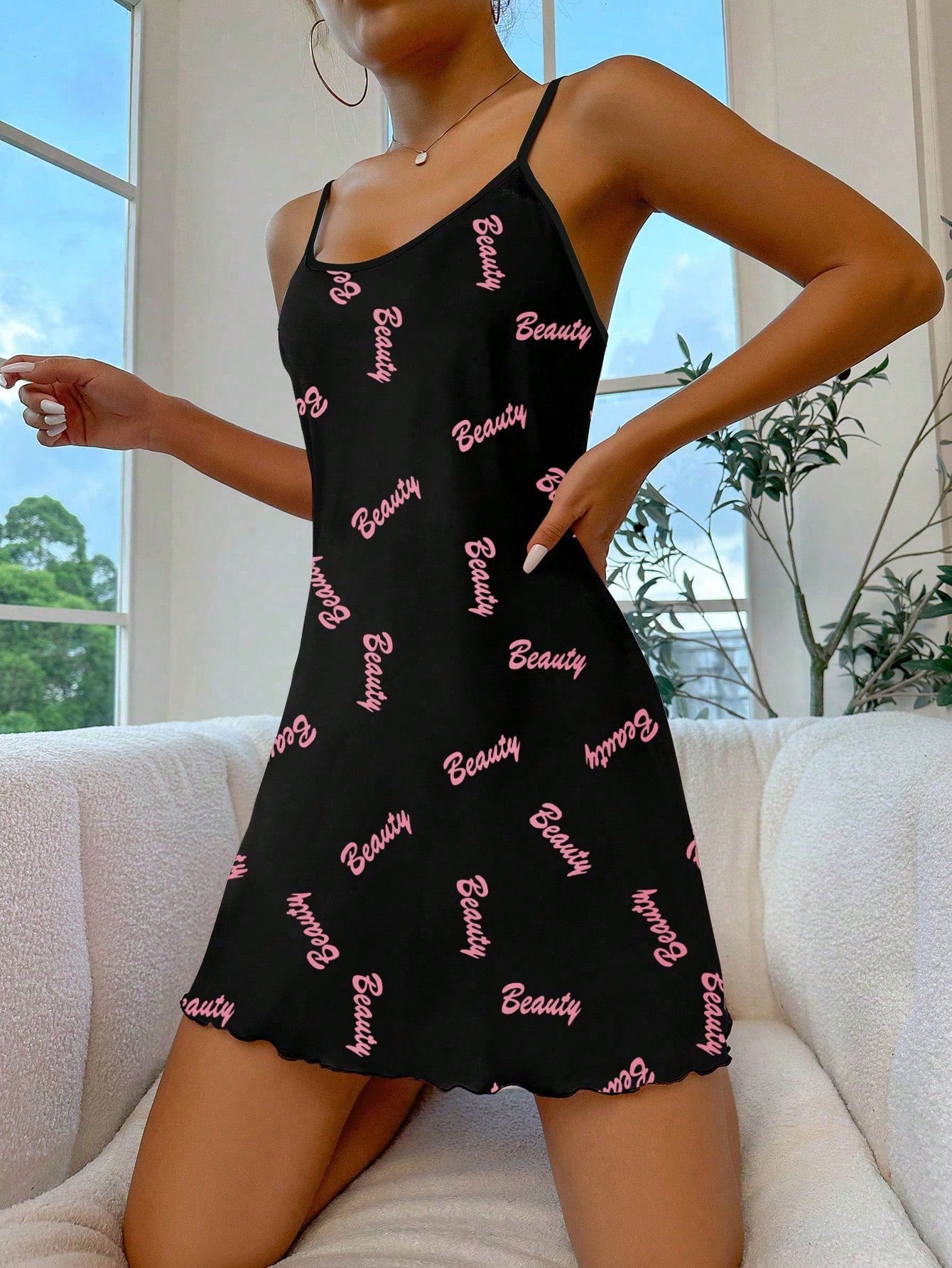 Letter Graphic Ruffle Hem Cami Nightdress