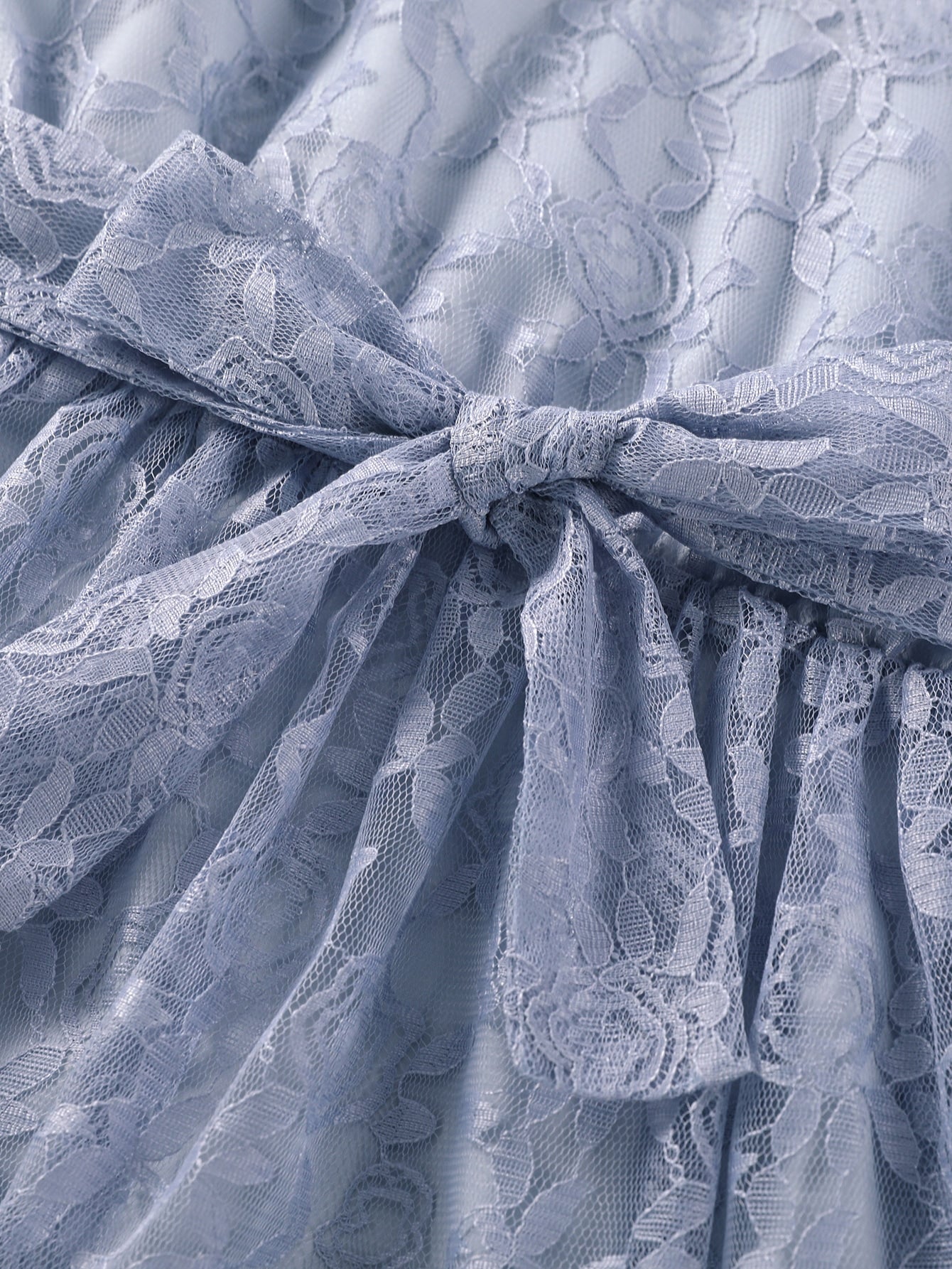 Girls Puff Sleeve Ruffle Trim Belted Lace Dress