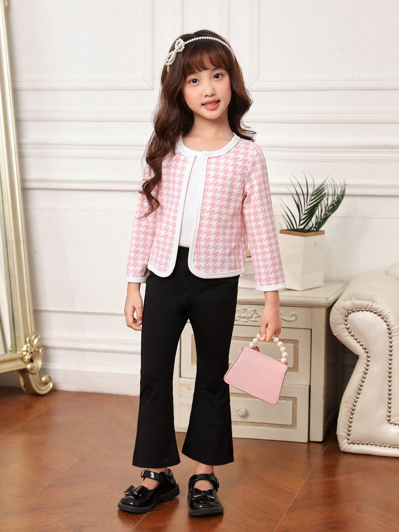 SHEIN Kids FANZEY Young Girl Houndstooth Print Open Front Jacket