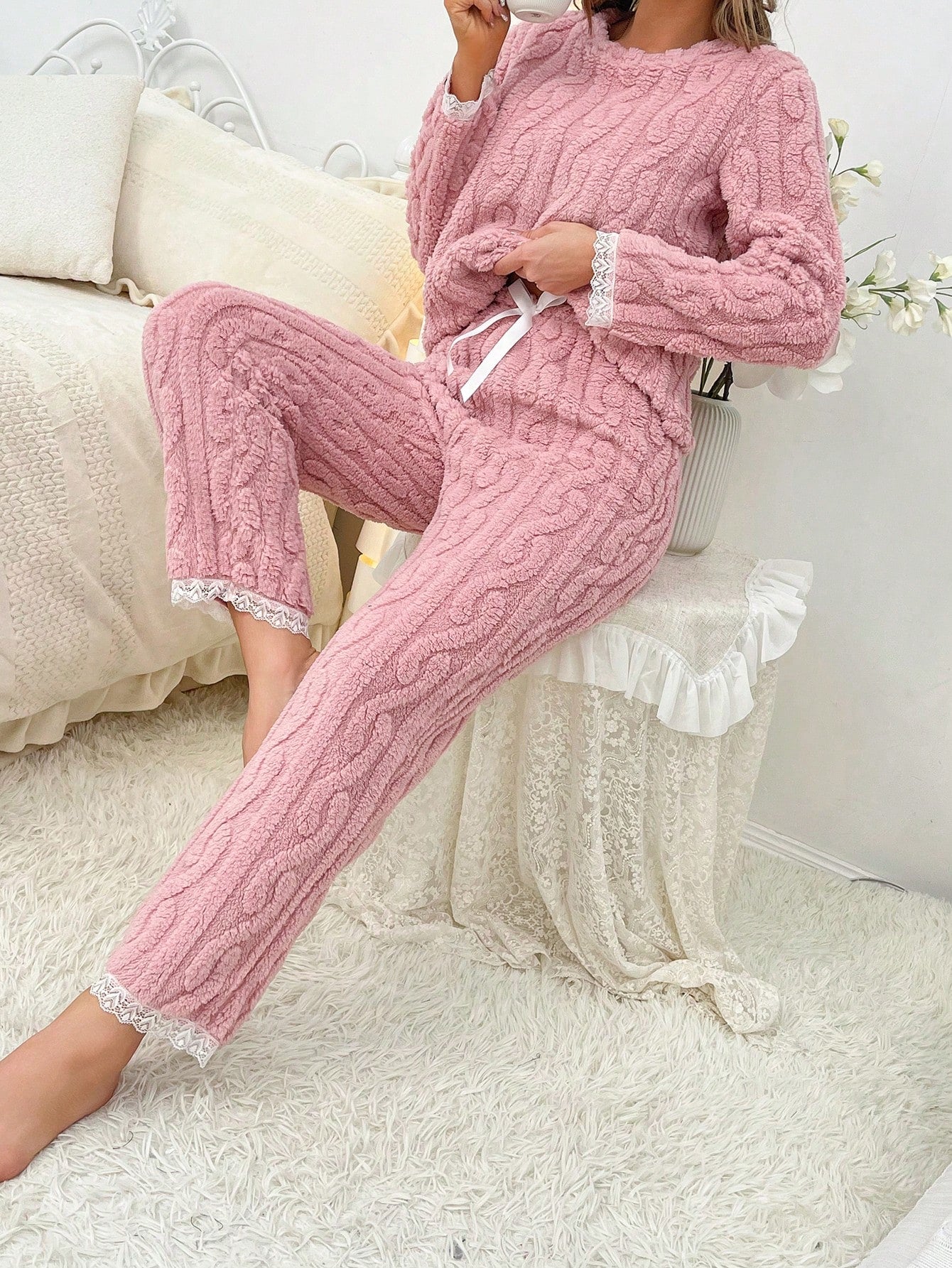 Lace Trim Flannel PJ Set