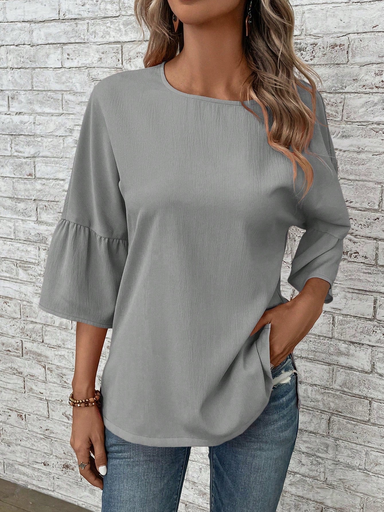 EMERY ROSE Solid Flounce Sleeve Blouse