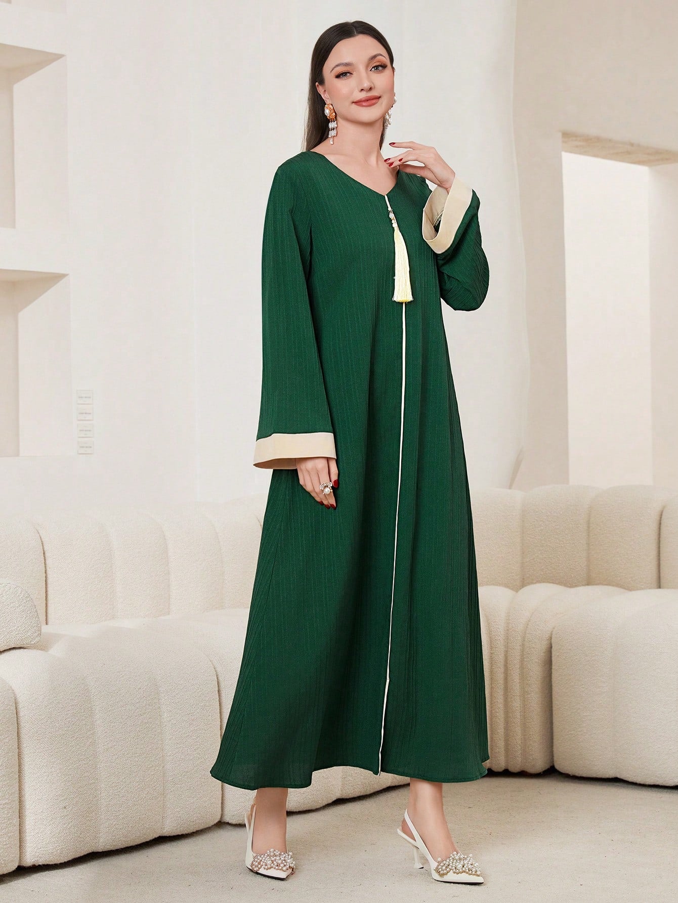 SHEIN Najma Green V-Neck Contrast Binding Dress