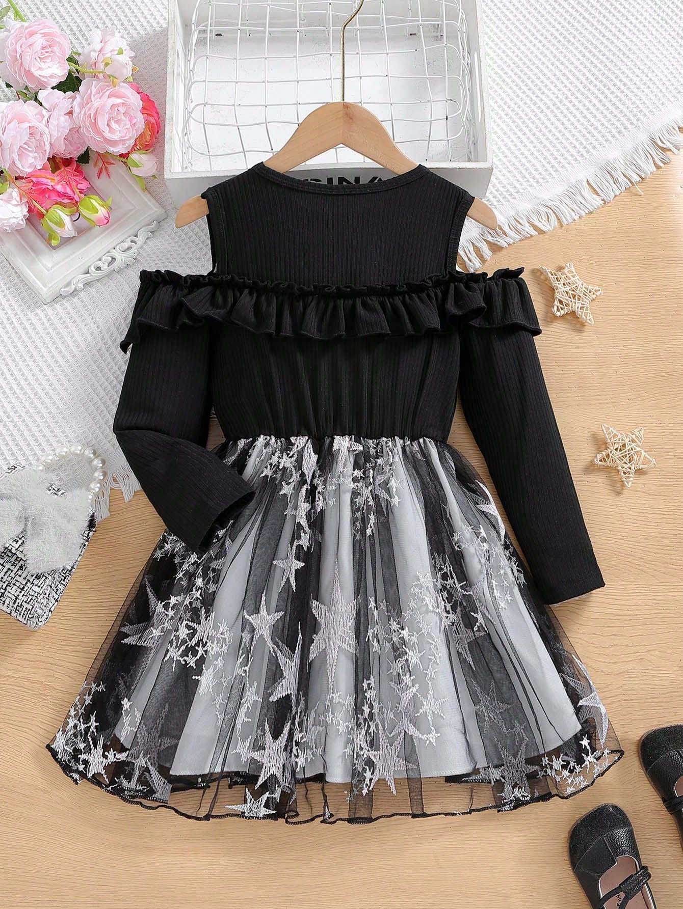 SHEIN Kids HYPEME Little Girls' Autumn Design Sense Off-Shoulder Knitwear Matched with Mesh Puffy Princess Dress