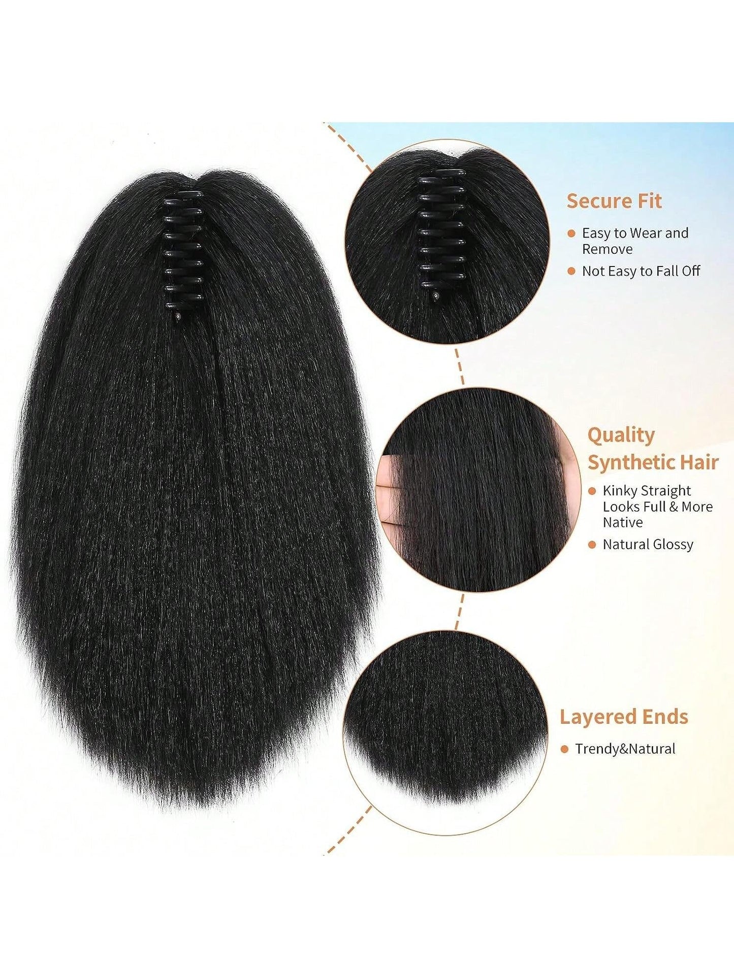 12 Inches Kinky Ponytail Hair Extensions Claw Clip Yaki Black Ponytail Extension for Kinky Straight Clip in Ponytail Hair Extensions (12 Inches)