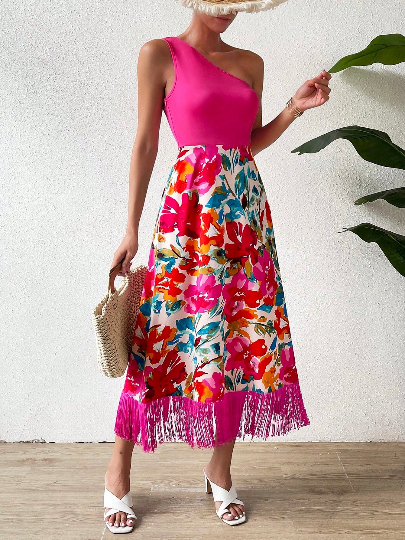 SHEIN Privé Floral Print One Shoulder Fringe Hem Dress