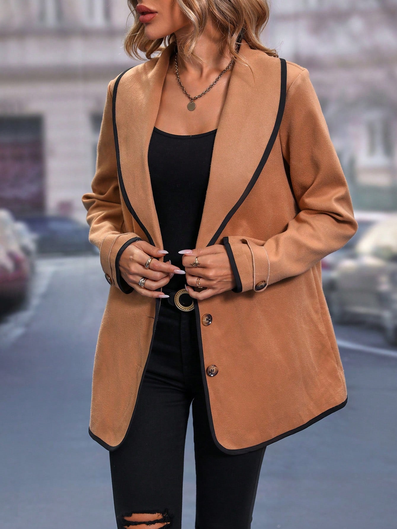 SHEIN LUNE Contrast Binding Shawl Collar Overcoat