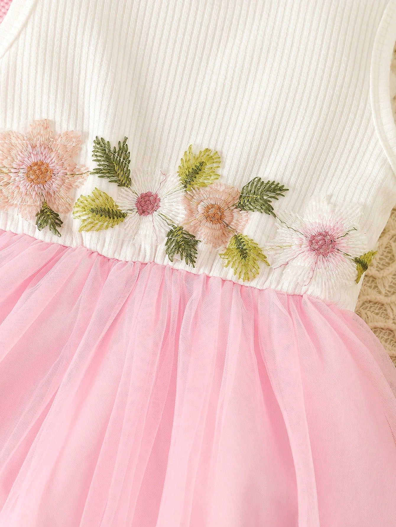 SHEIN Kids FANZEY Young Girl Floral Embroidery Mesh Hem Party Dress & Puff Sleeve Jacket