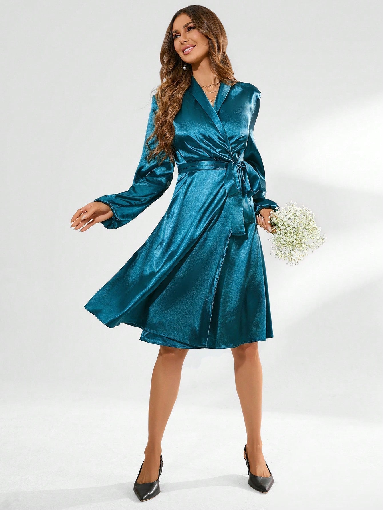SHEIN Privé Wrap Front Lantern Sleeve Long Sleeve Dress