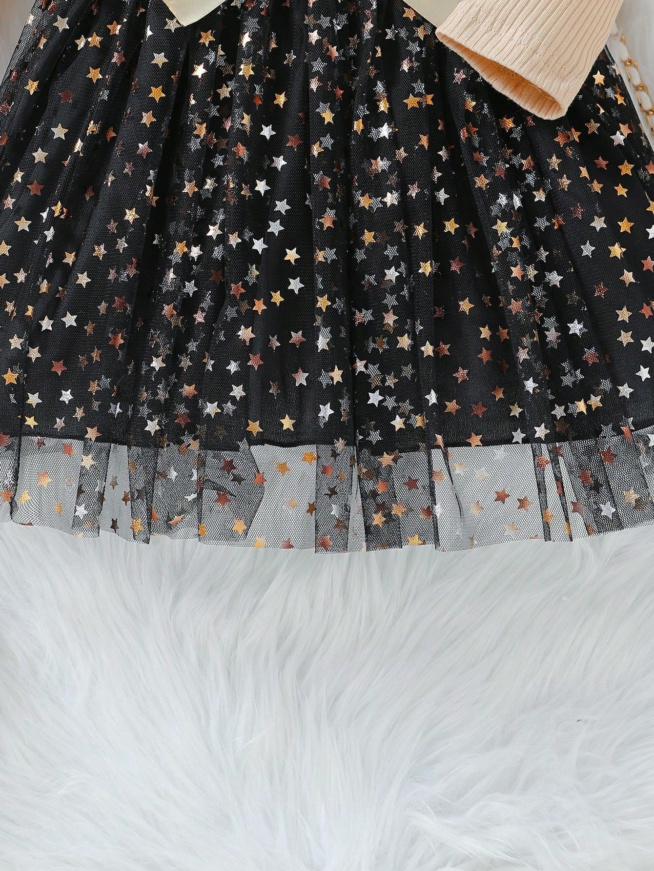 Little Girl'S Knitted Patchwork Puffy Star Mesh Long-Sleeved Dress