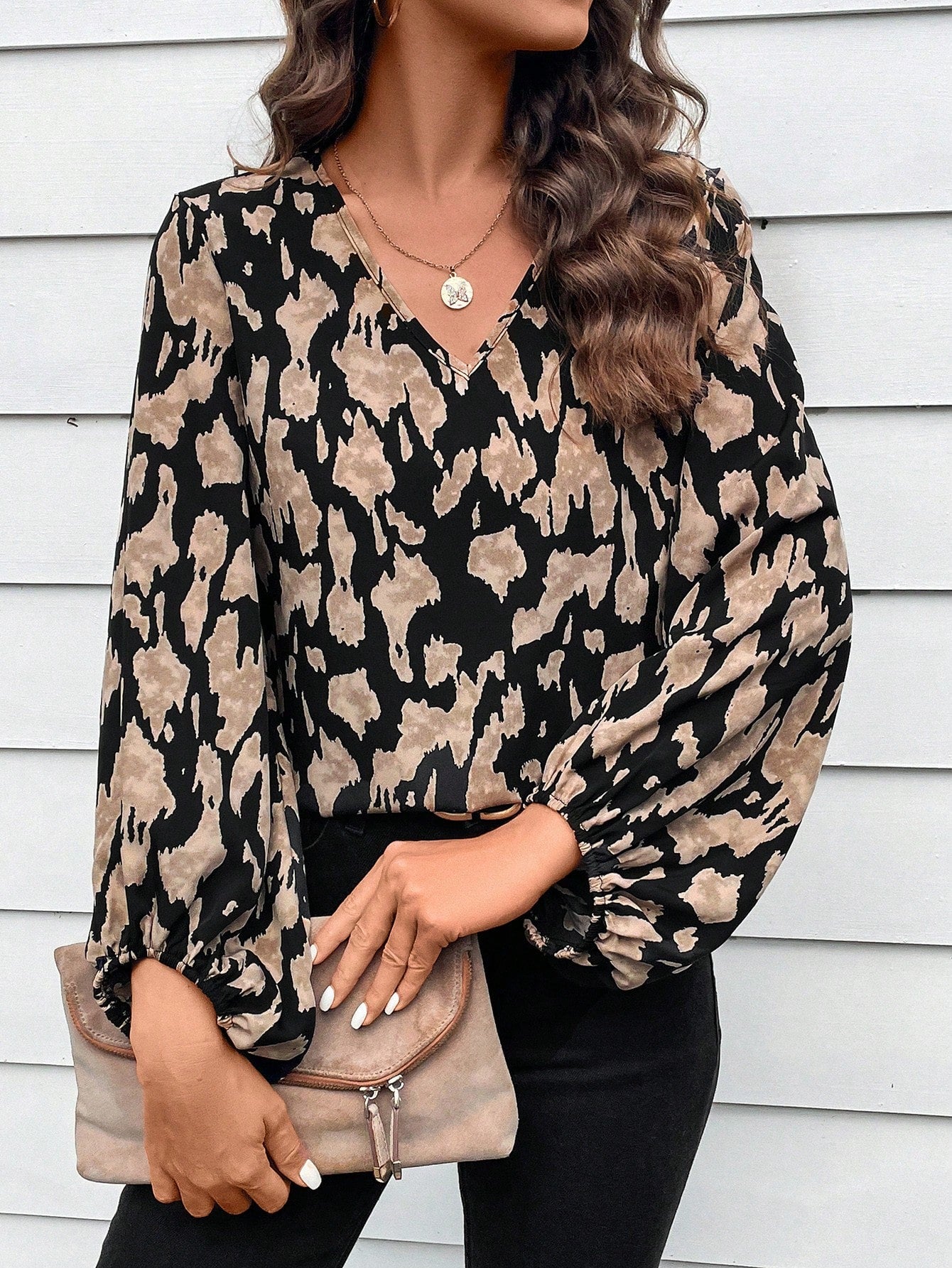 SHEIN LUNE Allover Print Lantern Sleeve Blouse