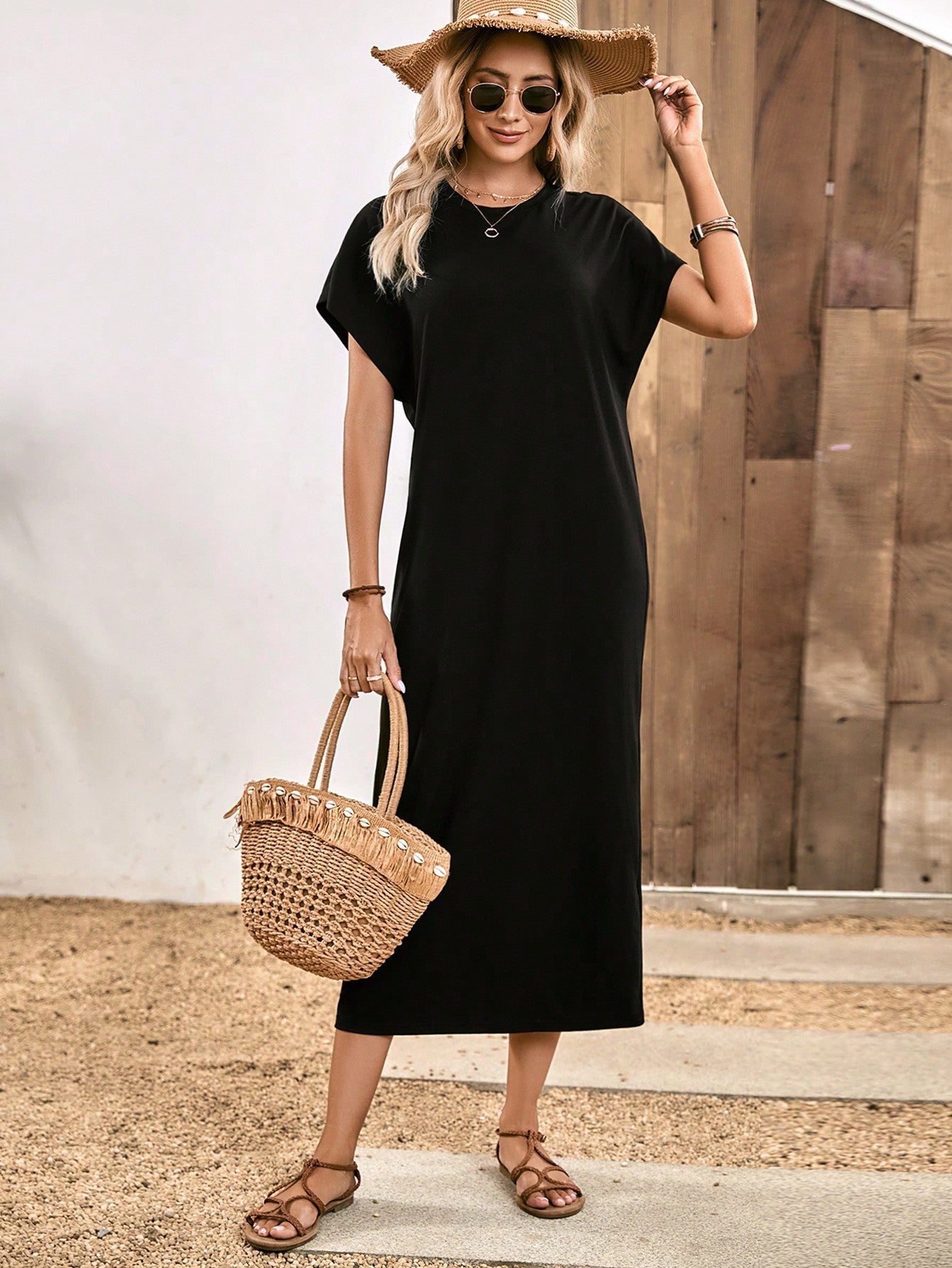 SHEIN LUNE Solid Batwing Sleeve Tee Dress