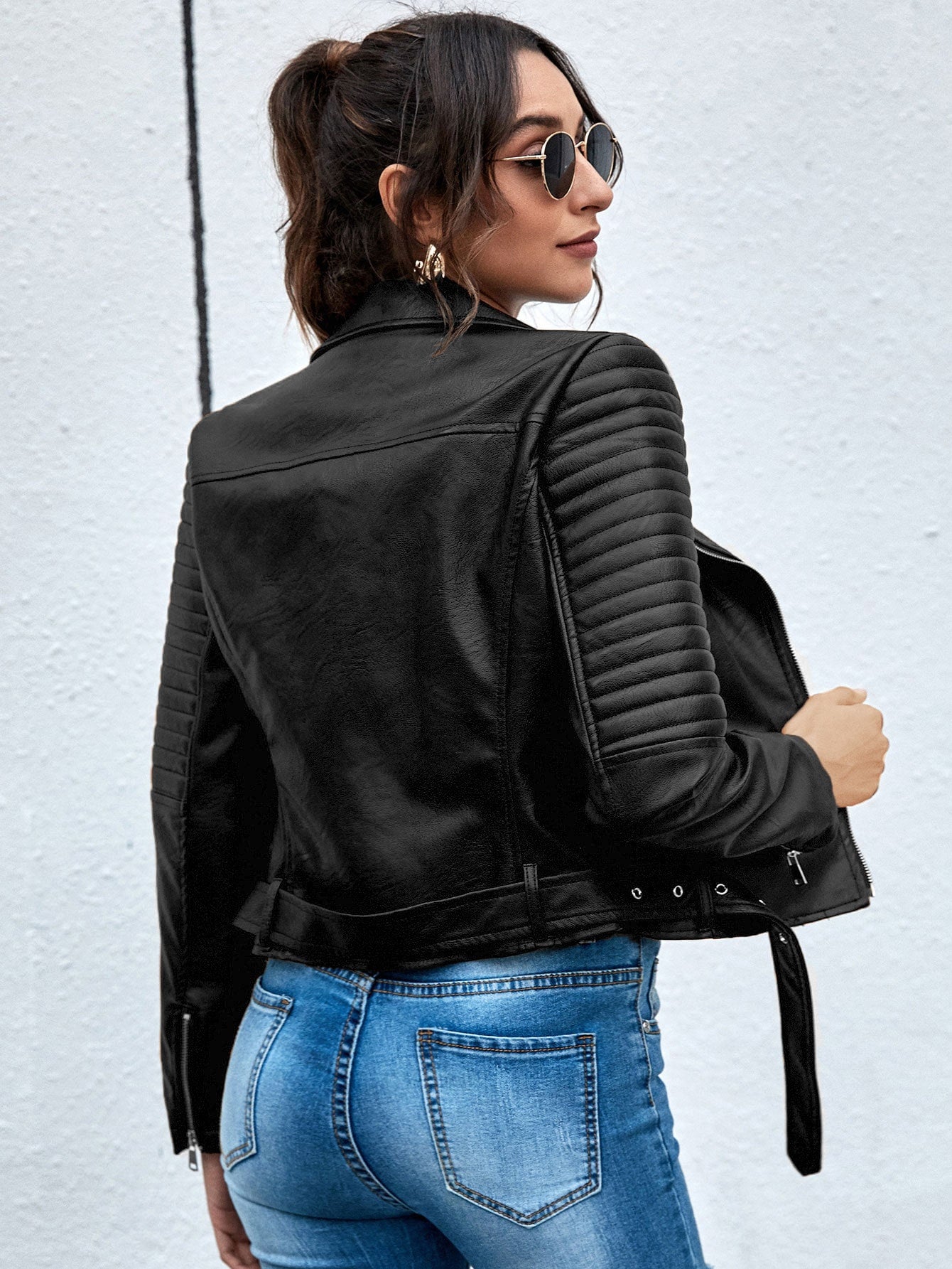 SHEIN Essnce Lapel Collar Belted Zip up PU Moto Jacket