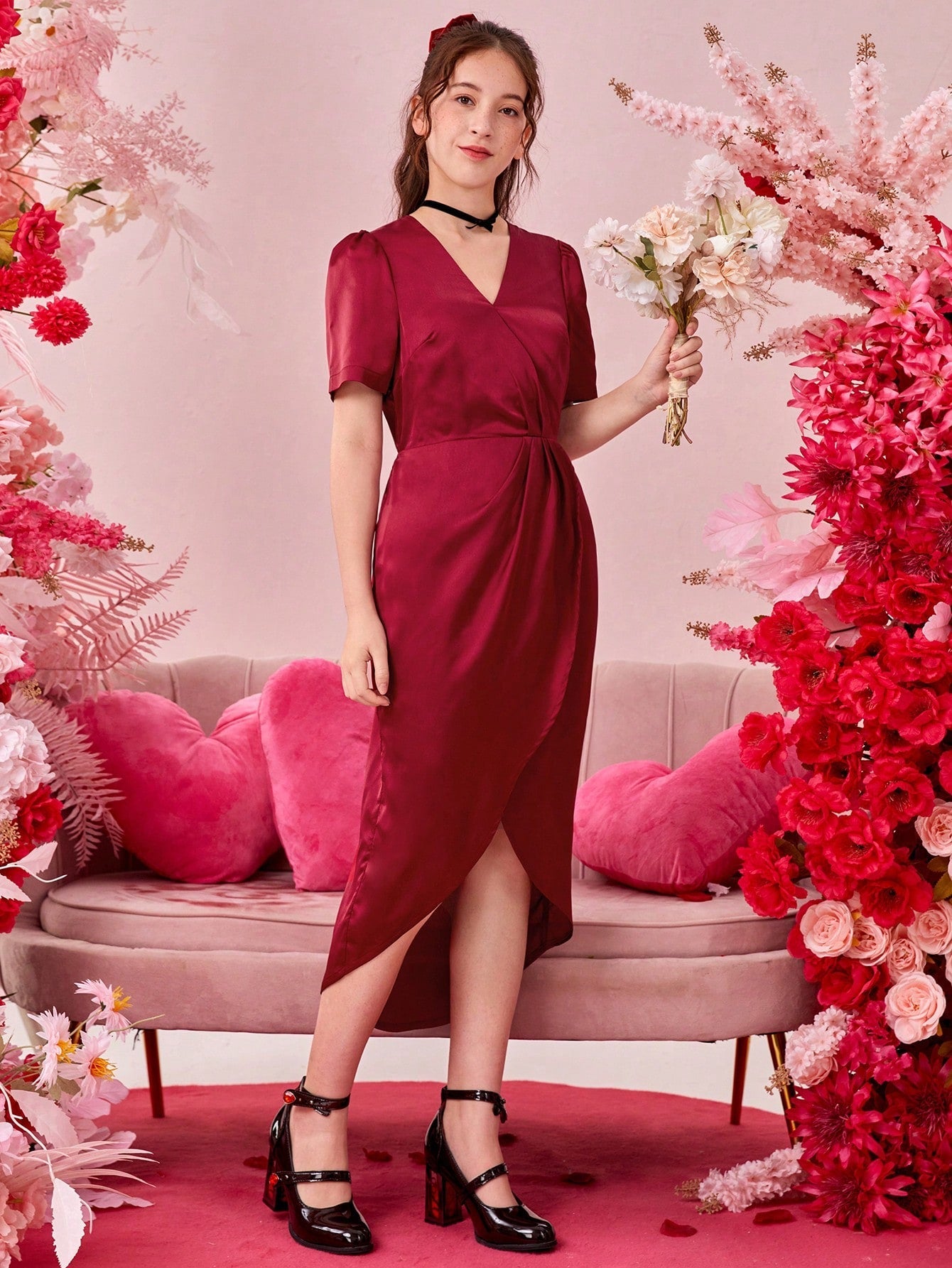 Teen Girls' V-Neck Puff Sleeve Asymmetrical Hem Evening Party Cocktail Dress