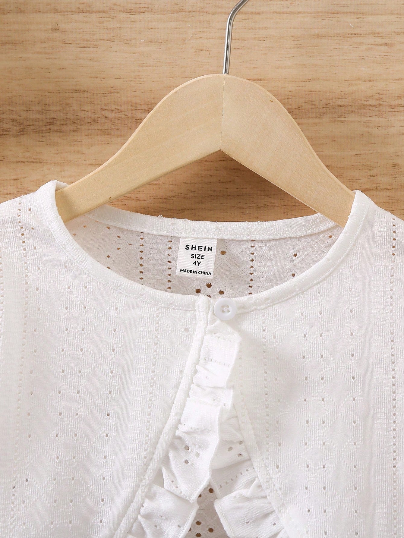 SHEIN Kids FANZEY Young Girl Ruffle Trim Eyelet Embroidery Crop Jacket