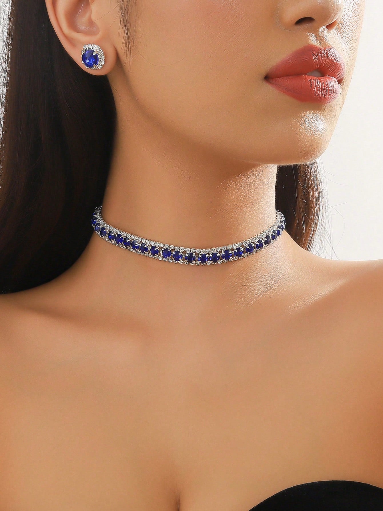 1Pc Blue Crystal Full Rhinestone Necklace & 1Pair Blue Crystal Full Rhinestone Earrings with Silver Base
