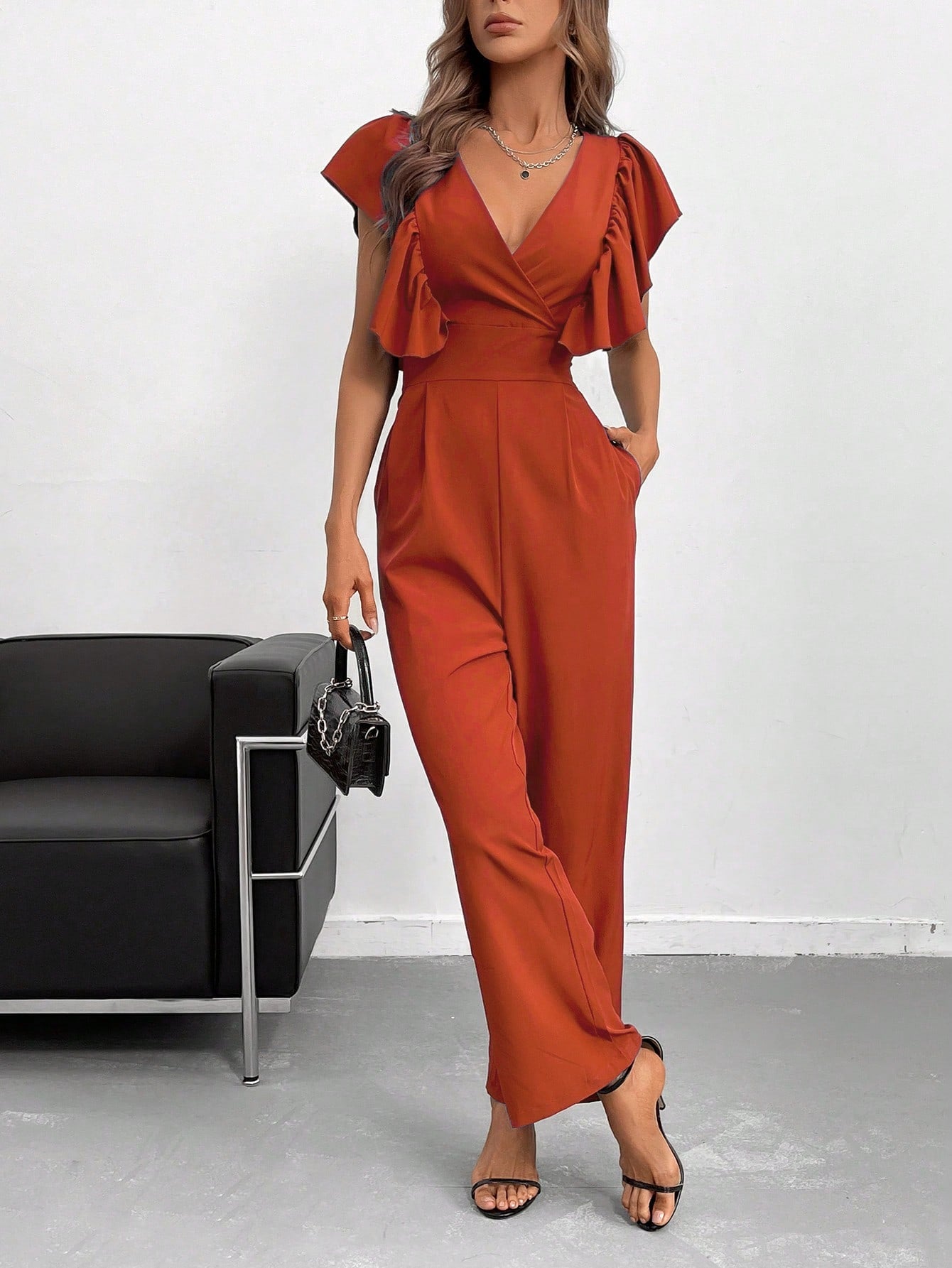 SHEIN Bizwear Solid Ruffle Trim Slant Pocket Jumpsuit Workwear