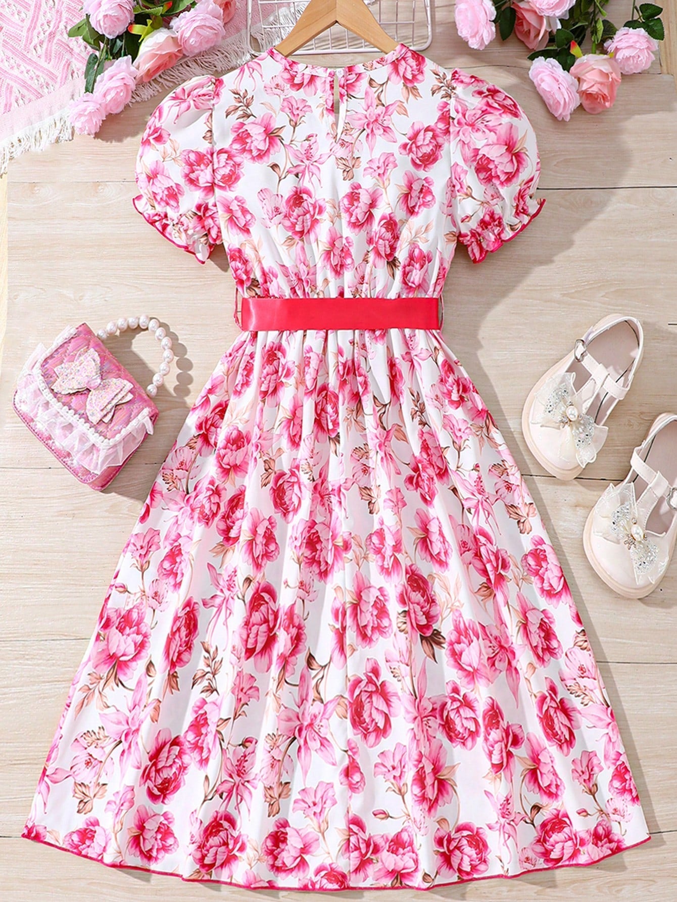 SHEIN Kids FANZEY Girls' Romantic Floral Print Dress with Waist Belt, for Tween