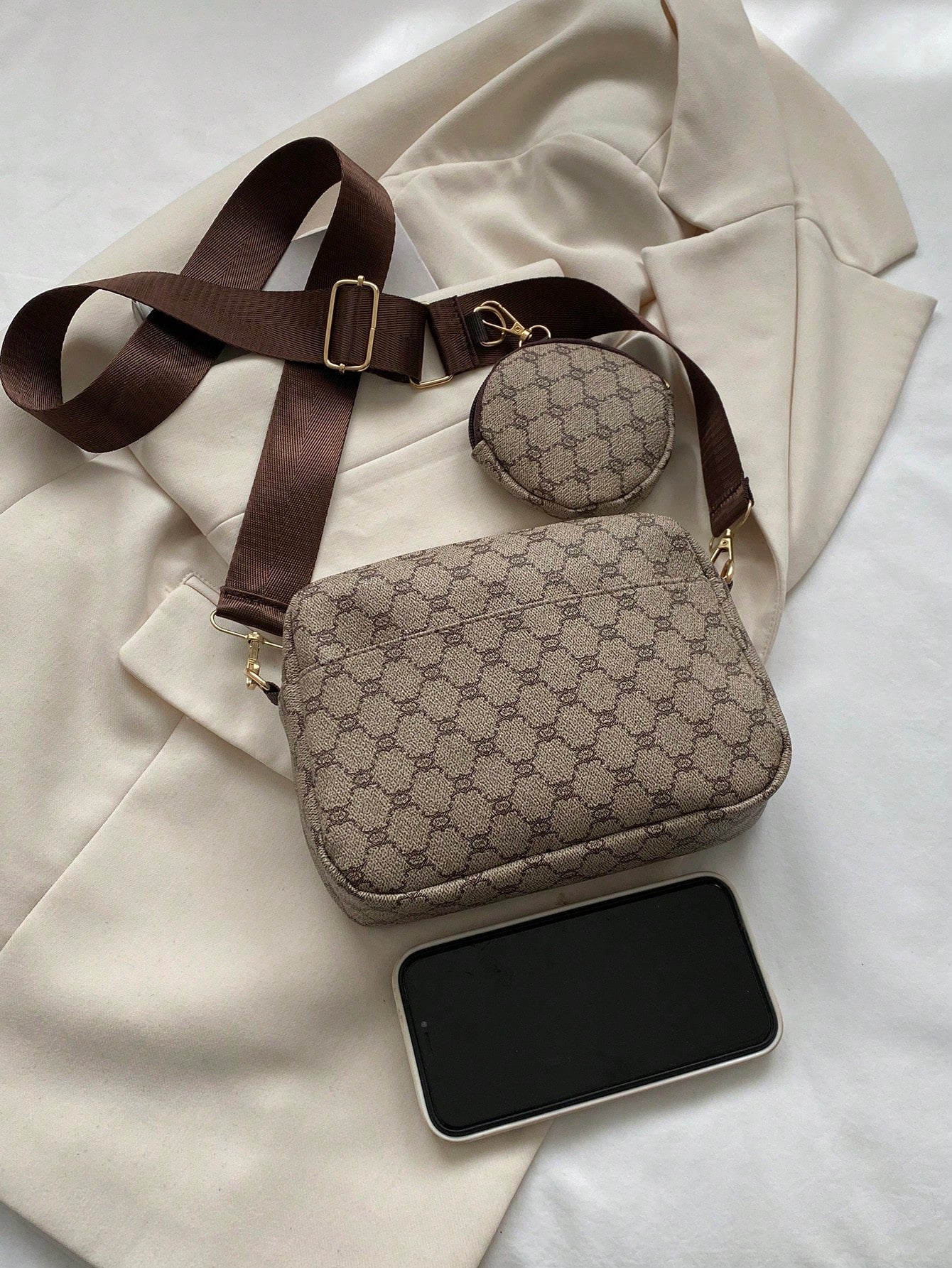 Mini Geometric Pattern Square Bag with Coin Purse , Women Bag with Dime Bag