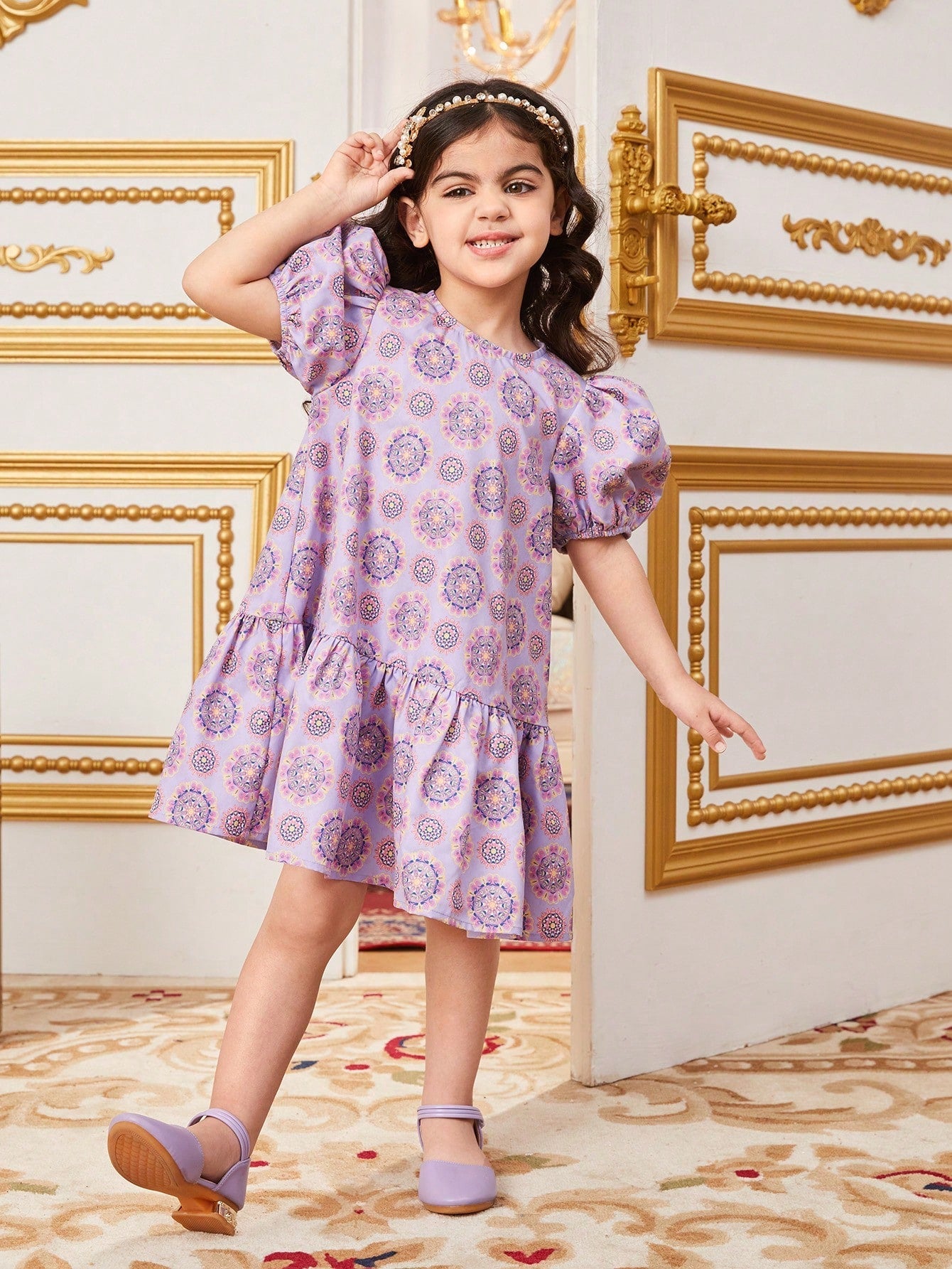 SHEIN Young Girl'S Loose Fit Glamorous Exclusive round Neck Puff Sleeve Midi Dress