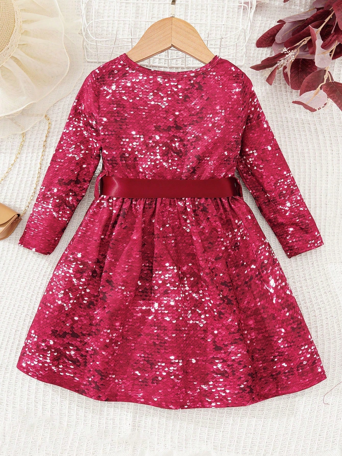 SHEIN Kids CHARMNG Young Girl Allover Sequin Effect Print Belted Dress