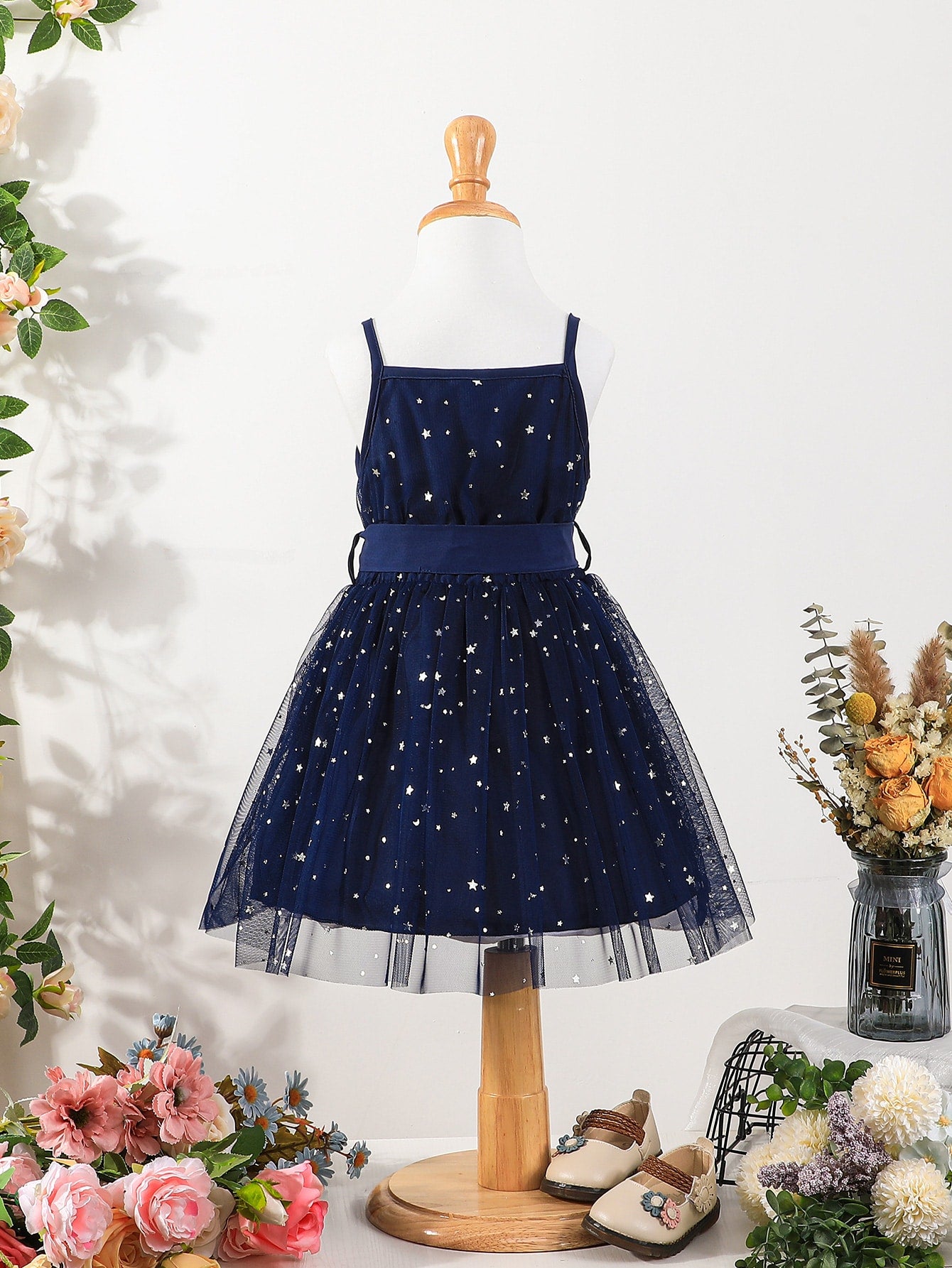 SHEIN Kids CHARMNG Young Girl Star Mesh Overlay Belted Cami Dress