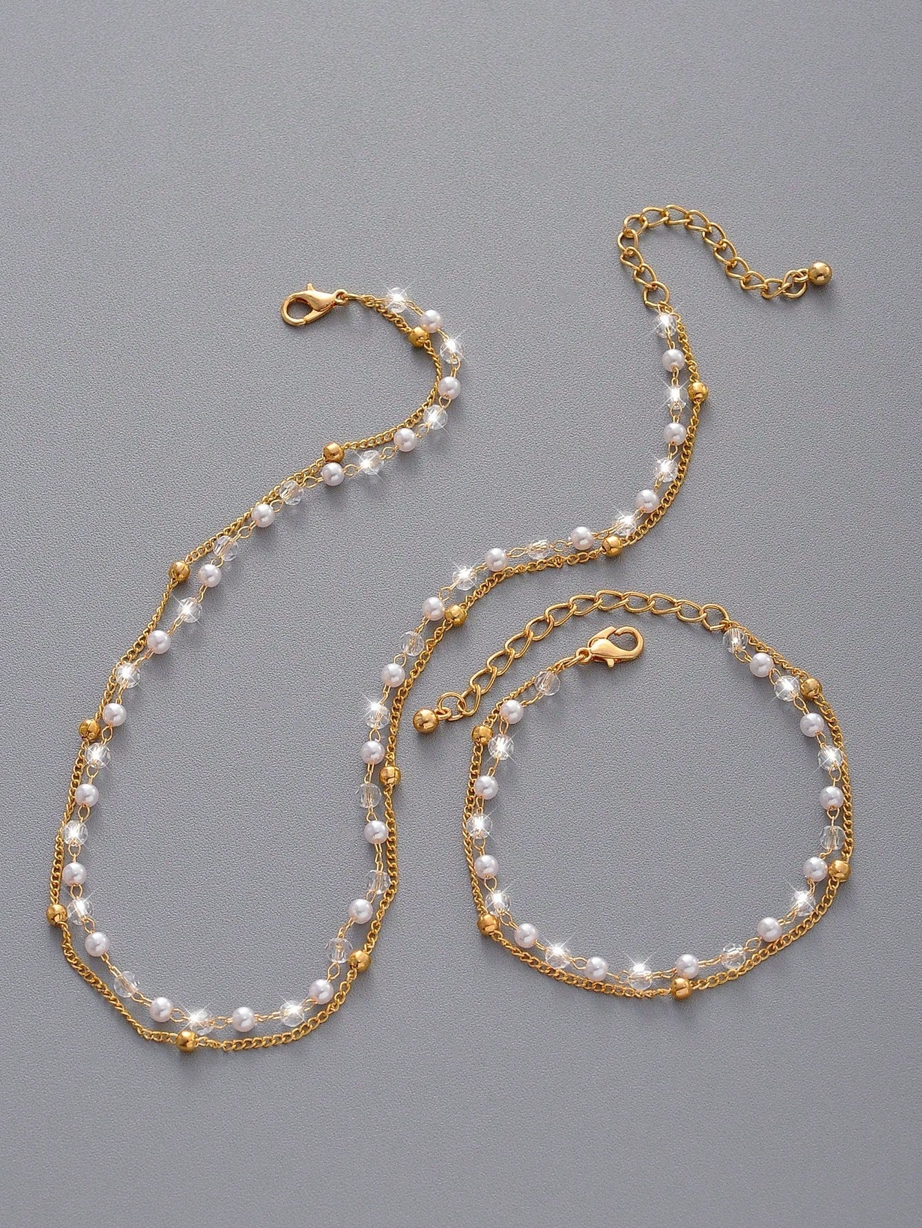 2Pcs Fashionable Luxurious Style Crystal & Faux Pearl Decorated Bracelet & Necklace Set for Women & Girls Suitable for Dating, Holiday, Party, Gift, and Daily Wear