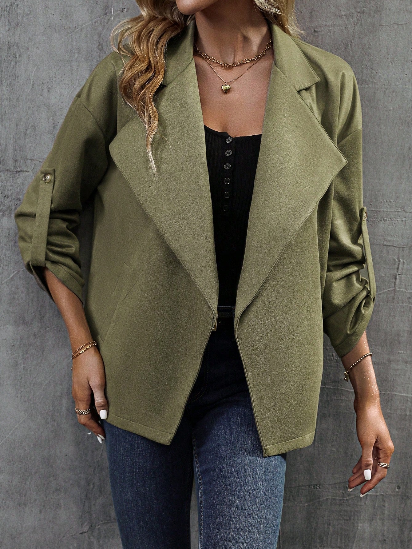 Waterfall Collar Roll Tab Sleeve Open Front Jacket