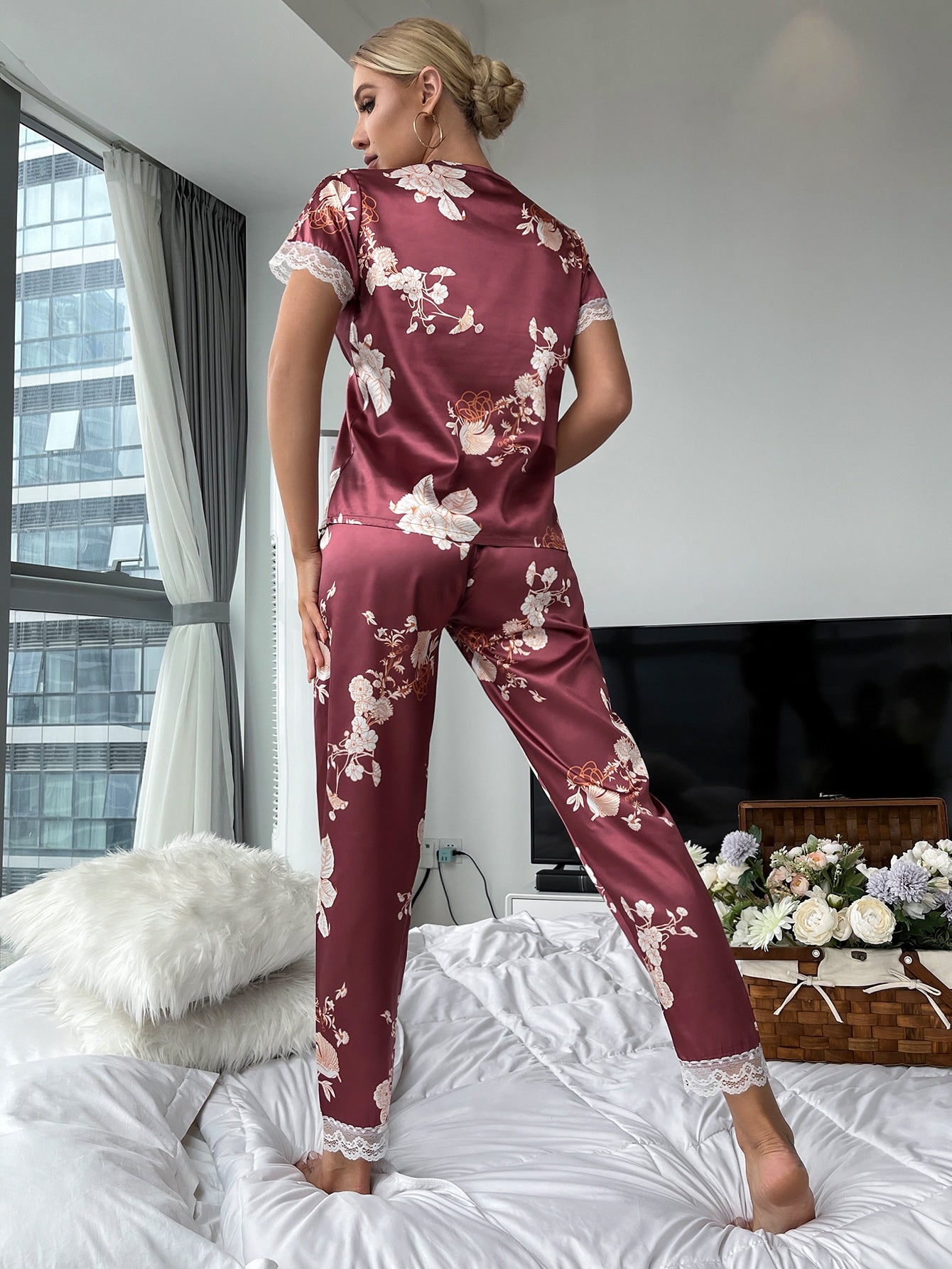 Floral Print Lace Trim Satin PJ Set