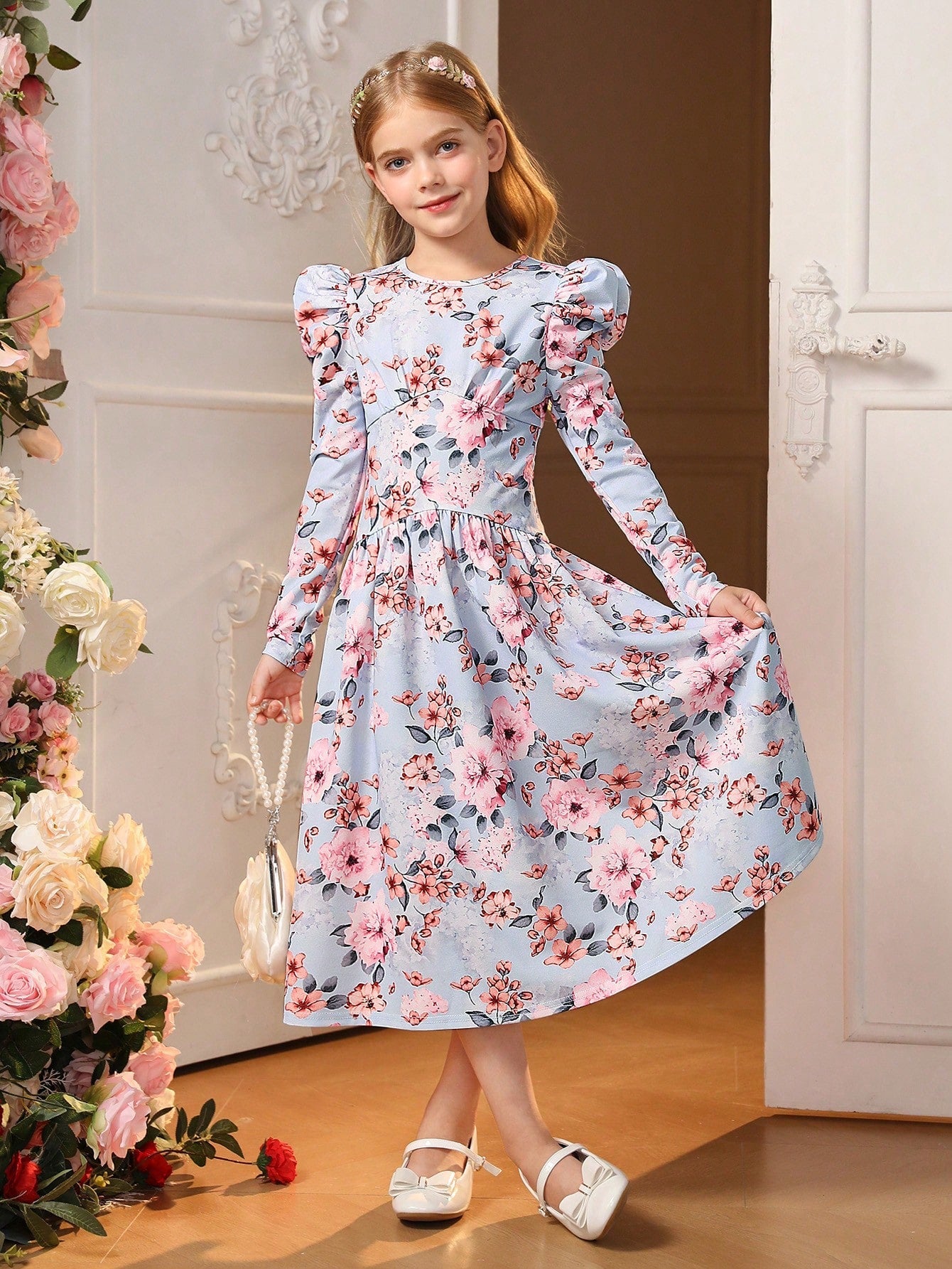 SHEIN Tween Girl Floral Print Gigot Sleeve Dress