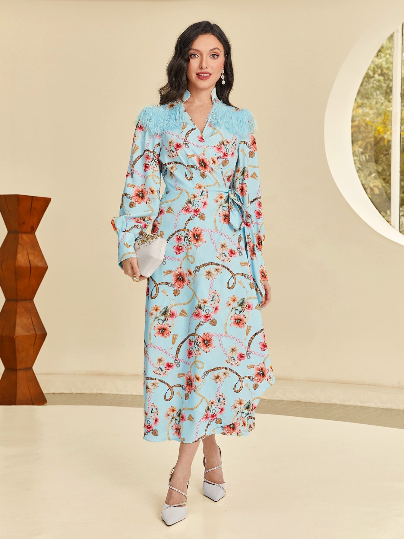 SHEIN Modely Chain and Floral Print Lantern Sleeve Dress