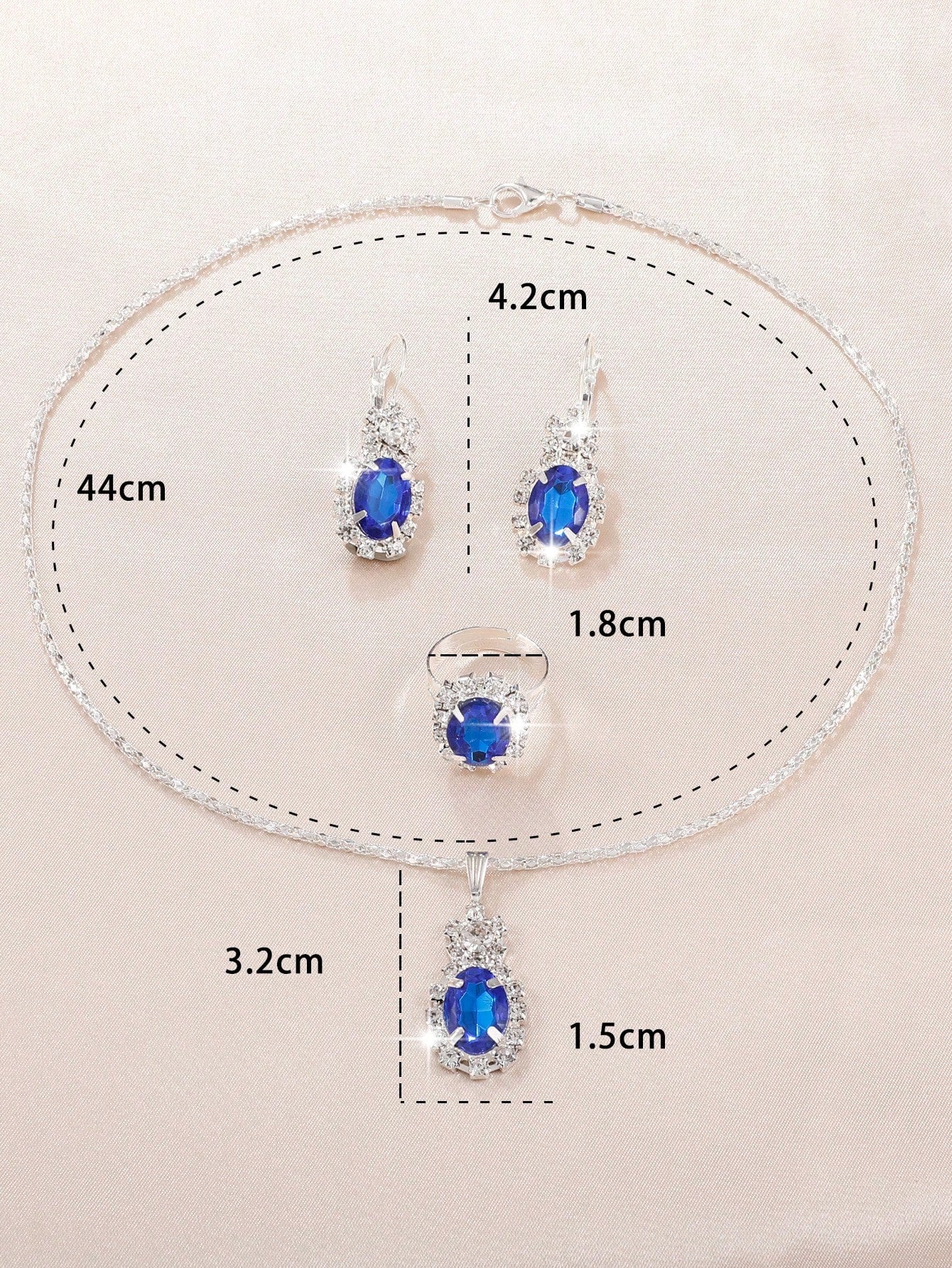 4Pcs/Set Women'S Teardrop Blue Gemstone Inlaid Full Rhinestone Ring, Pendant, Earrings, Necklace