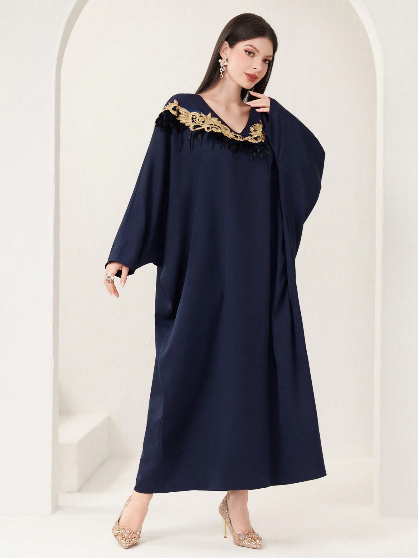 SHEIN Najma Women'S Solid Color Collar Decoration Kaftan