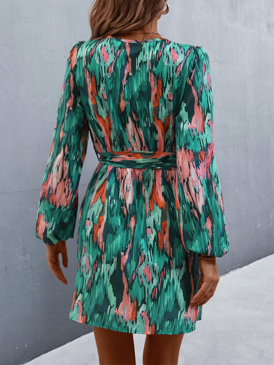 Allover Print Lantern Sleeve Belted Wrap Hem Dress