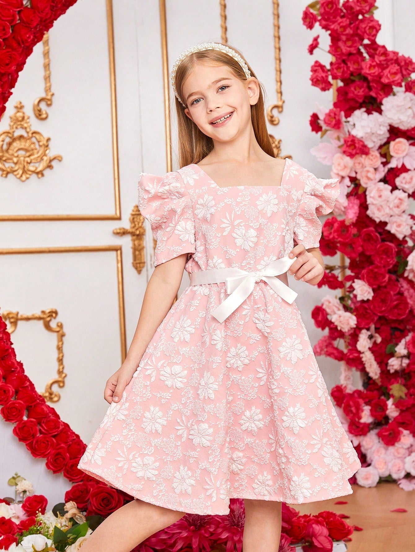 SHEIN Kids EVRYDAY Tween Girls' Flower Jacquard Leg-Of-Mutton Sleeve Dress