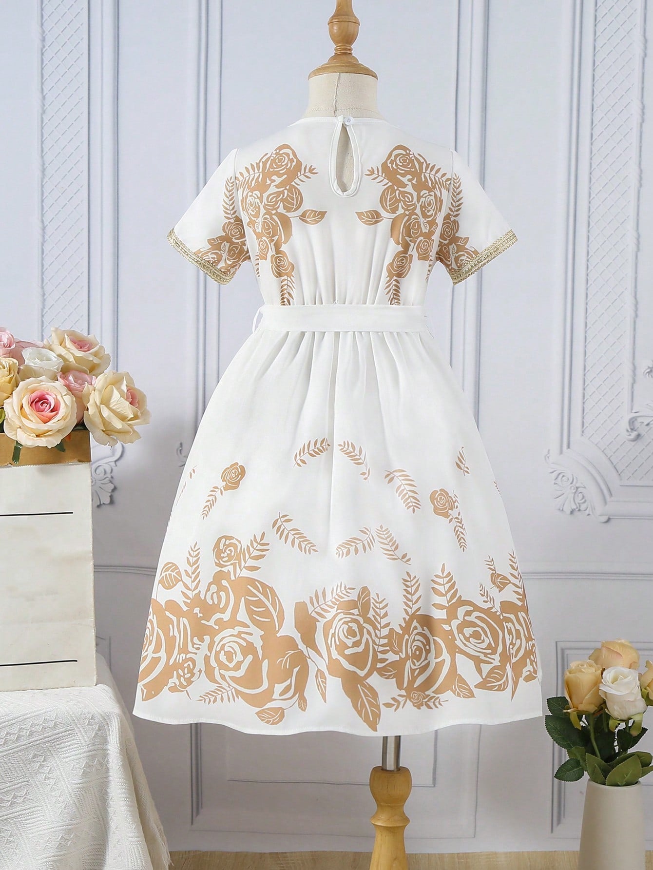 SHEIN Kids FANZEY Young Girl'S Floral Printed Patchwork Tape Short Sleeve Dress