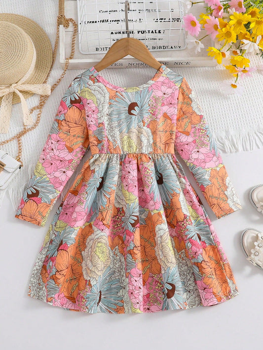 Young Girls' Casual Flower Printed Long Sleeve Dress for Spring and Autumn