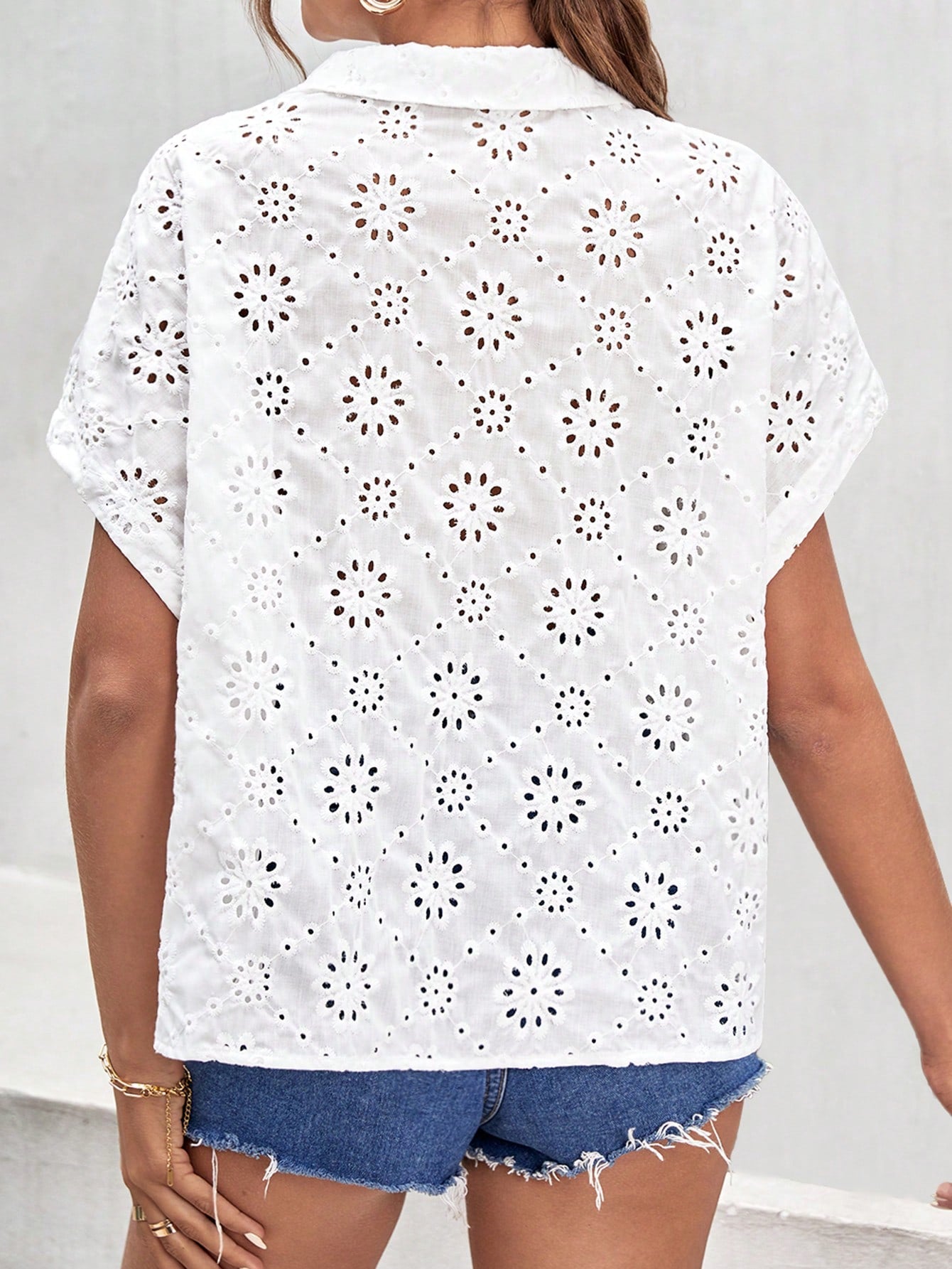 SHEIN Frenchy Eyelet Embroidery Batwing Sleeve Shirt