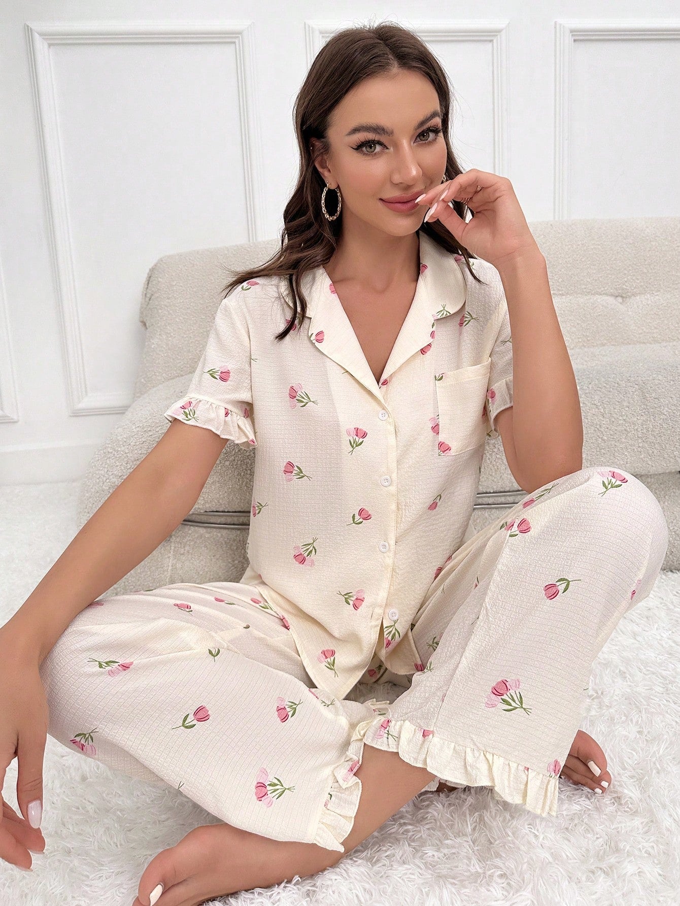 Floral Print Ruffle Trim PJ Set